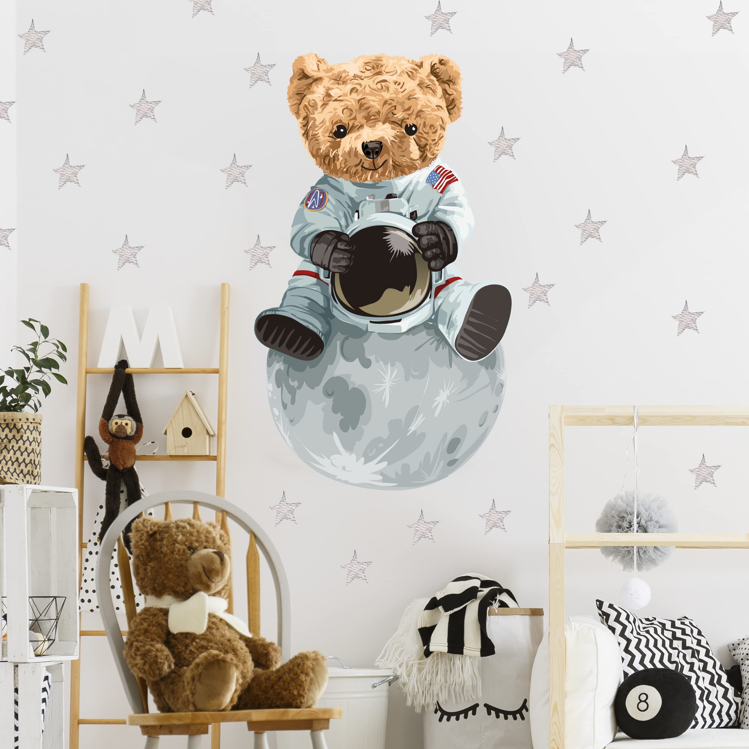 WANDKIND Astronaut Bär Wandtattoo V326 | handgezeichnet | AUFKLEBER Kindergarten | Wandsticker Kinderzimmer Deko Teddybär auf dem Mond Teddy (120 x 120 cm)