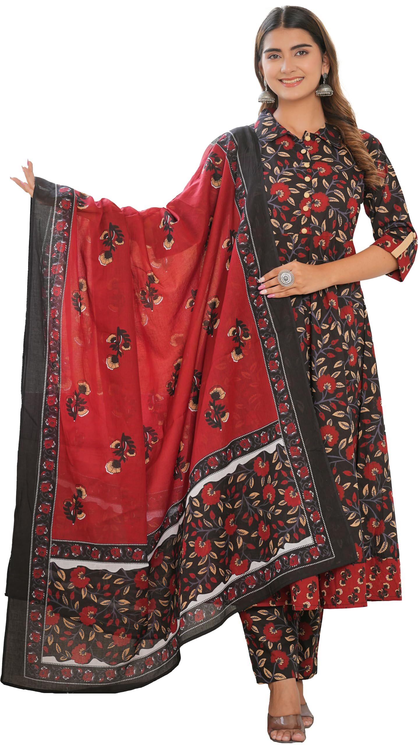 Yash Gallery Women's Cotton Floral Printed Anarkali Kurta with Pant & Dupatta