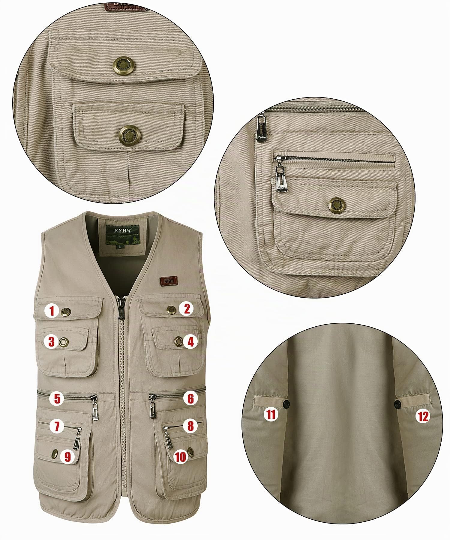 Gilets de Pêche pour Hommes Gilet de Travail Safari Gilet Photographie de Sport Multi-poches Gilet Veste Sans Manches de Voyage