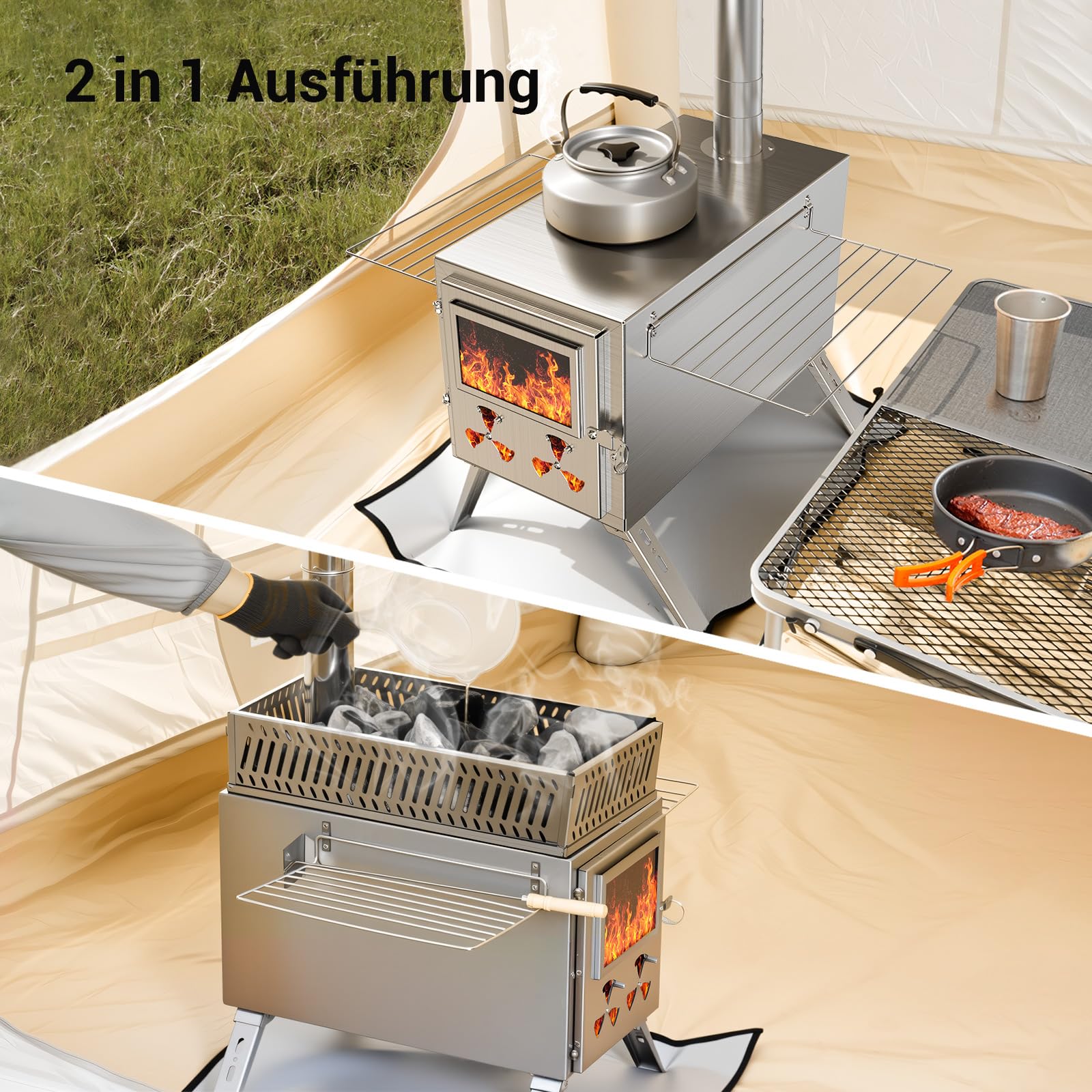 Saunaofen mit Schornstein 2 in 1 Camping Zeltofen, Edelstahl Holzofen, Tragbarer Faltbarer Heißzeltofen mit 7 Kaminrohren
