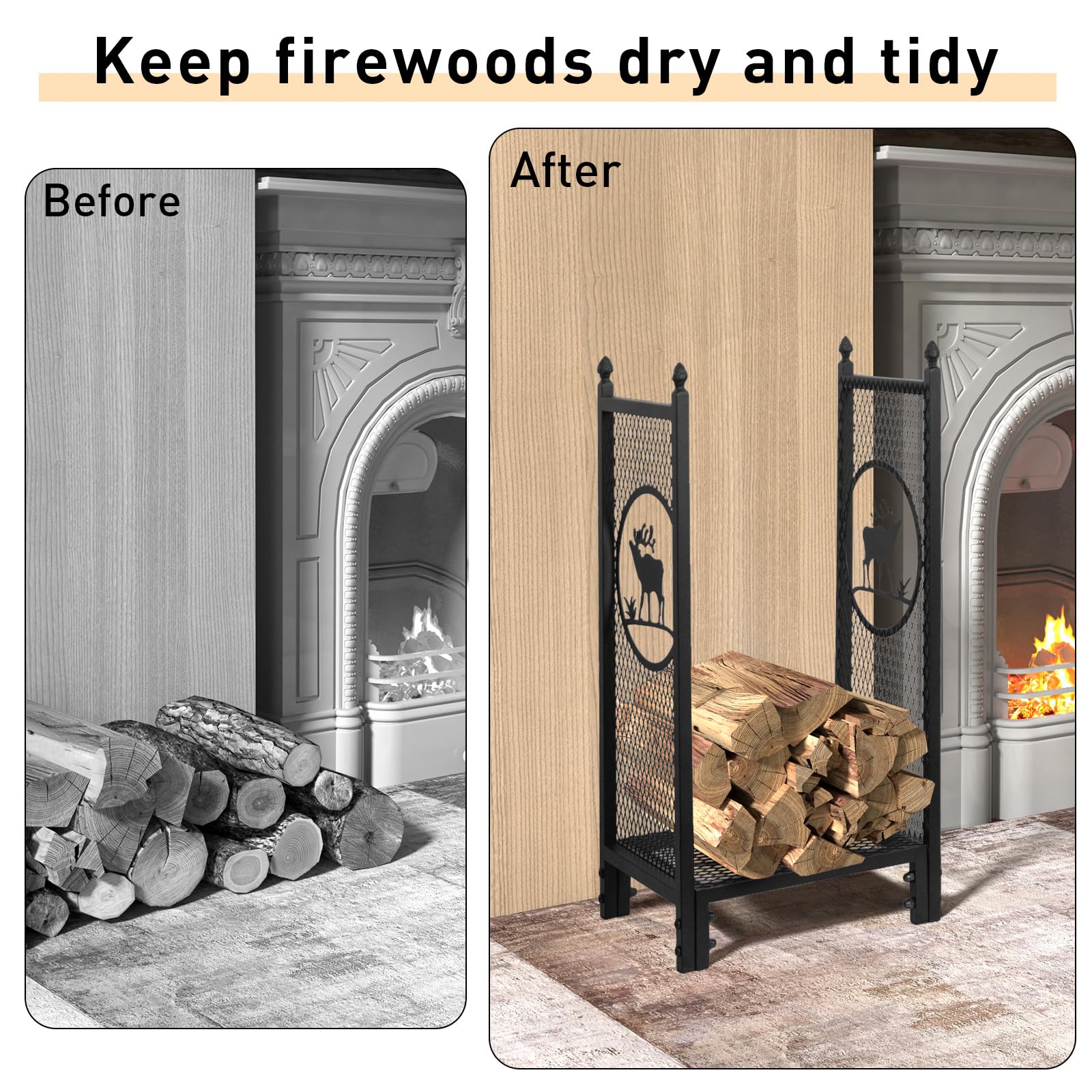 Todeco Soporte de Madera 40x30x80 cm, Estante de Registro de Chimenea, Soporte de Almacenamiento de Madera para Interiores y Exterior