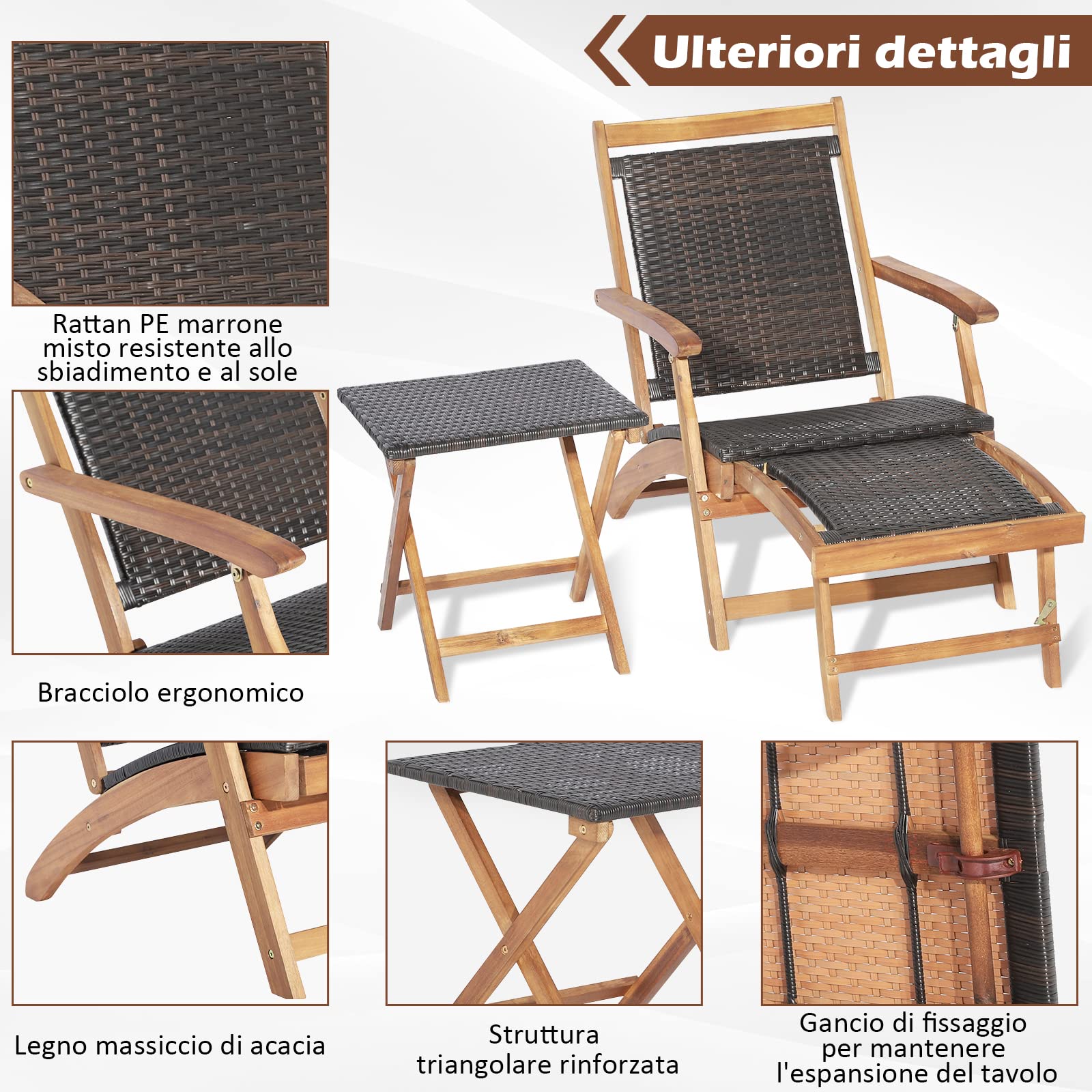 COSTWAY Set Sedia a Patio e Tavolo con Poggiapiedi Telescopico Lungo | Mobili da Giardino da Esterno Pieghevole in Rattan e Legno di Acacia per Giardino e Cortile