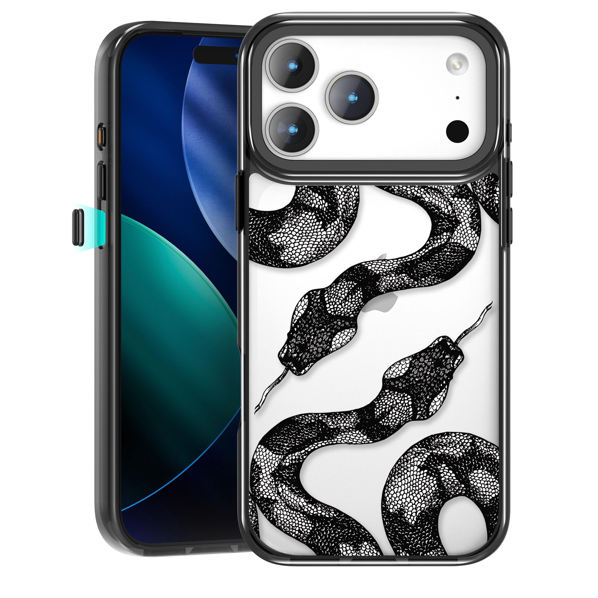 pcgaga Aesthetic Phone Case for iPhone 17 Pro Max 6.9" with Embossed Patterned Hard Clear Back Cover,Slim TPU Bumper,Camera Frame -360°Shockproof Full Protection, Snake