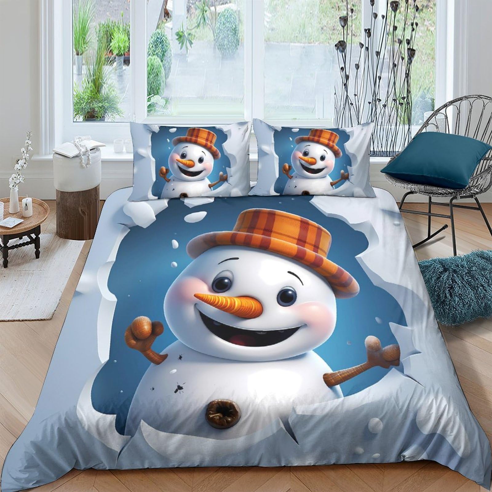 Ctjqhvkz Style-9 3D Printed Snowman Cartoon Fitted Sheet Microfiber Soft Winter Blue Hat Bed Sheet For Bedroom Guest Room Mattress Cover Single（135X200cm）
