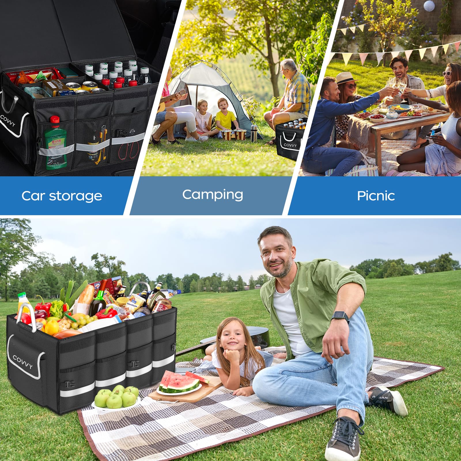 Organiseur de coffre de voiture pliable 65 L | Poche à rabat, Poches latérales, Poignée solide, Fond antidérapant, Multi-compartiments pour petite voiture et SUV