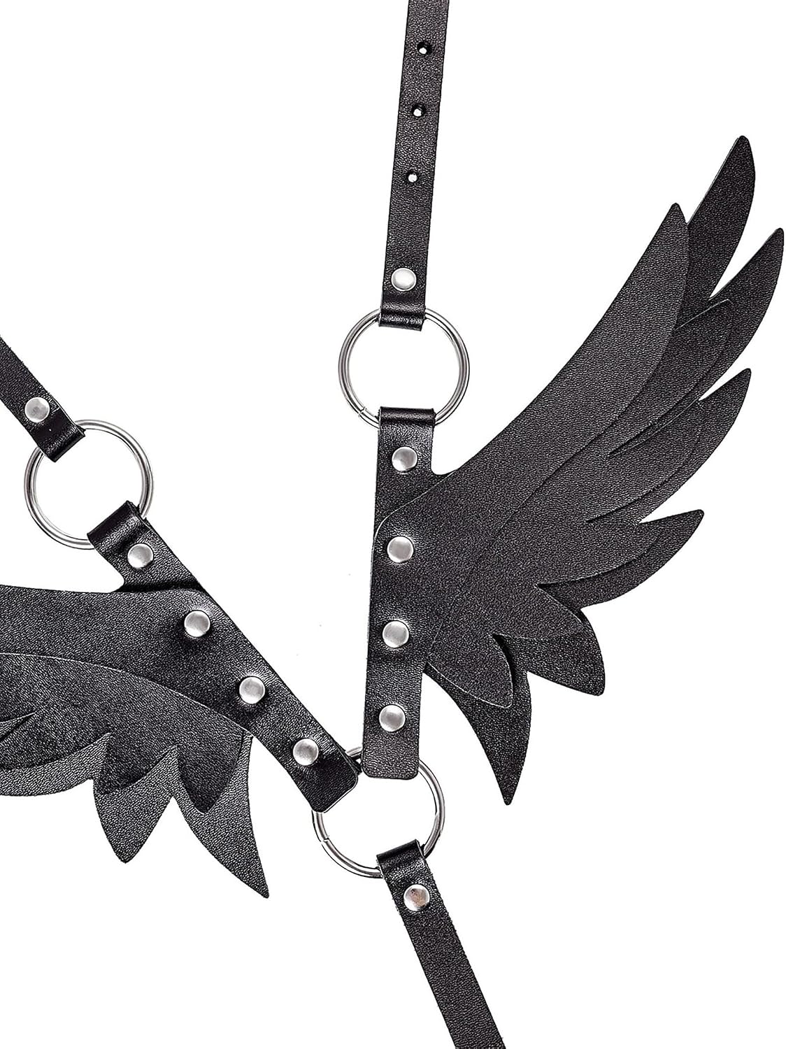 Women Adjustable Faux Leather Fashion Harness with Wing Detail, Punk Gothic Back Harness Accessory for Dresses Tops(Waist 26.4-39.4in) Black