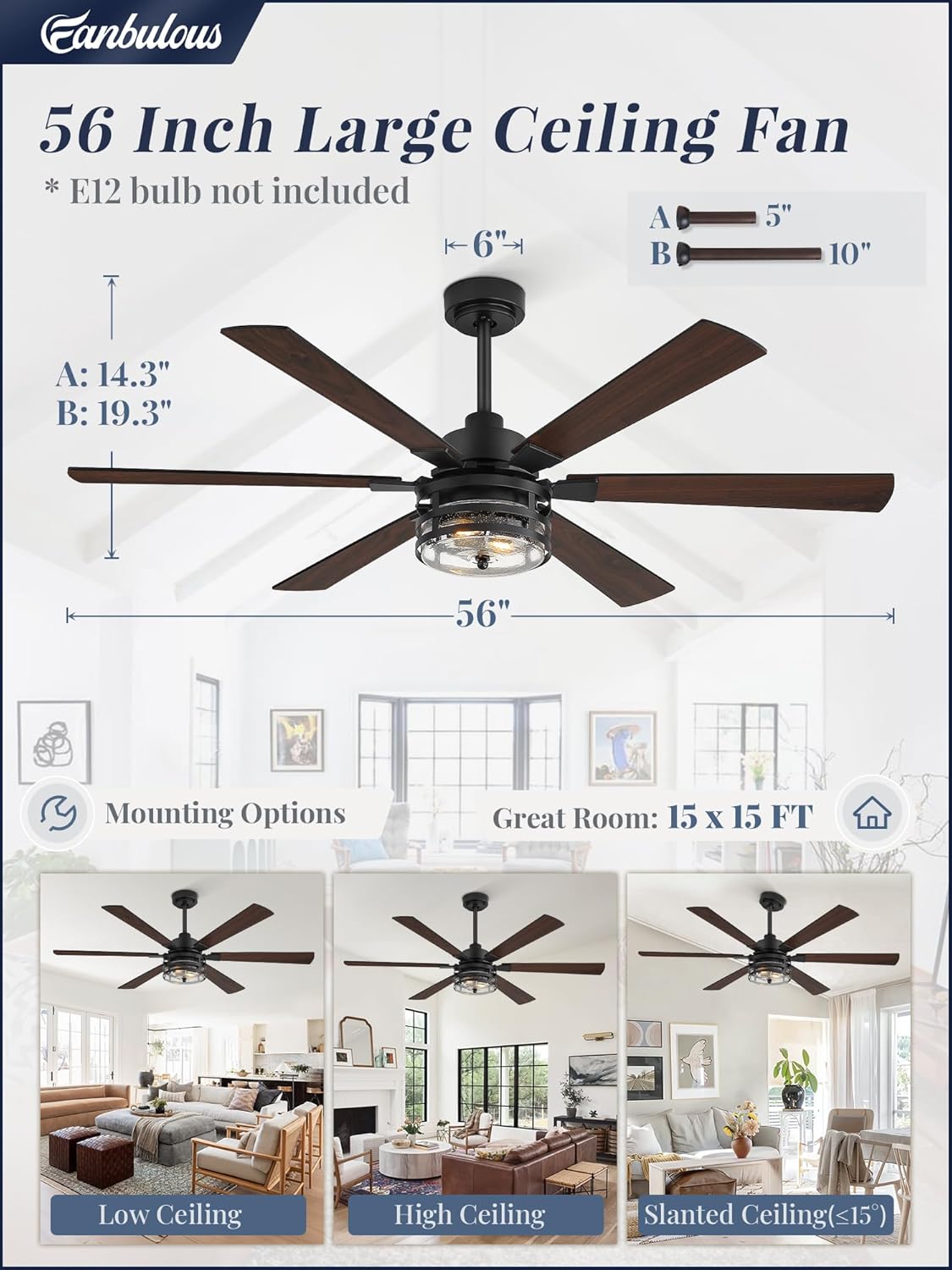 Fanbulous 56" Farmhouse Ceiling Fans with Lights and Remote,Industrial Large Ceiling Fan with 6-Speed Reversible DC Motor and 6 Dual Finish Blades,Black Ceiling Fan with Light for Living bedroom Patio