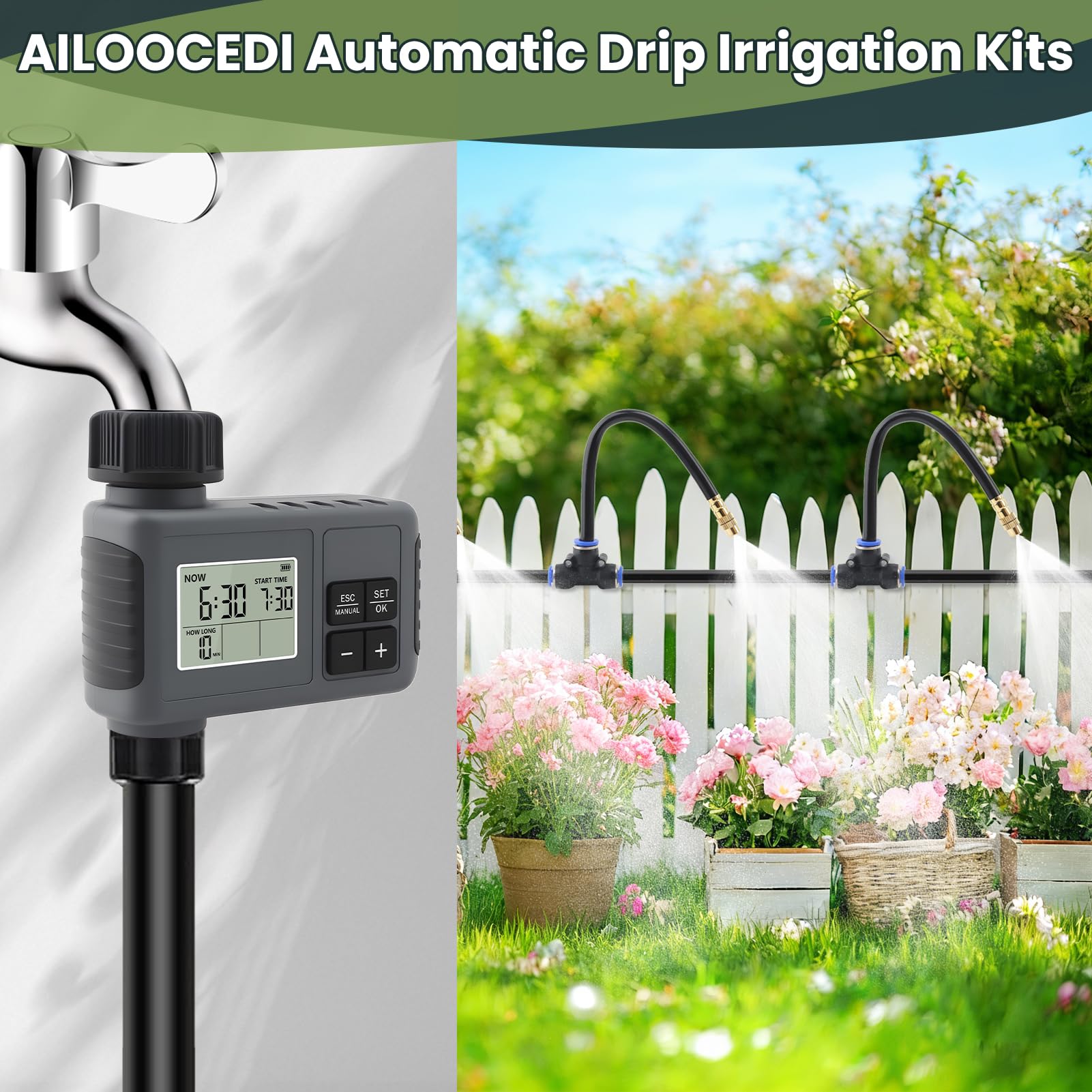 Kit di irrigazione automatica a goccia da 60 m con timer dell'acqua, sistema di irrigazione da giardino con spray pieghevole a 360°, ugelli atomizzanti regolabili in rame per cortile, prato, aiuola