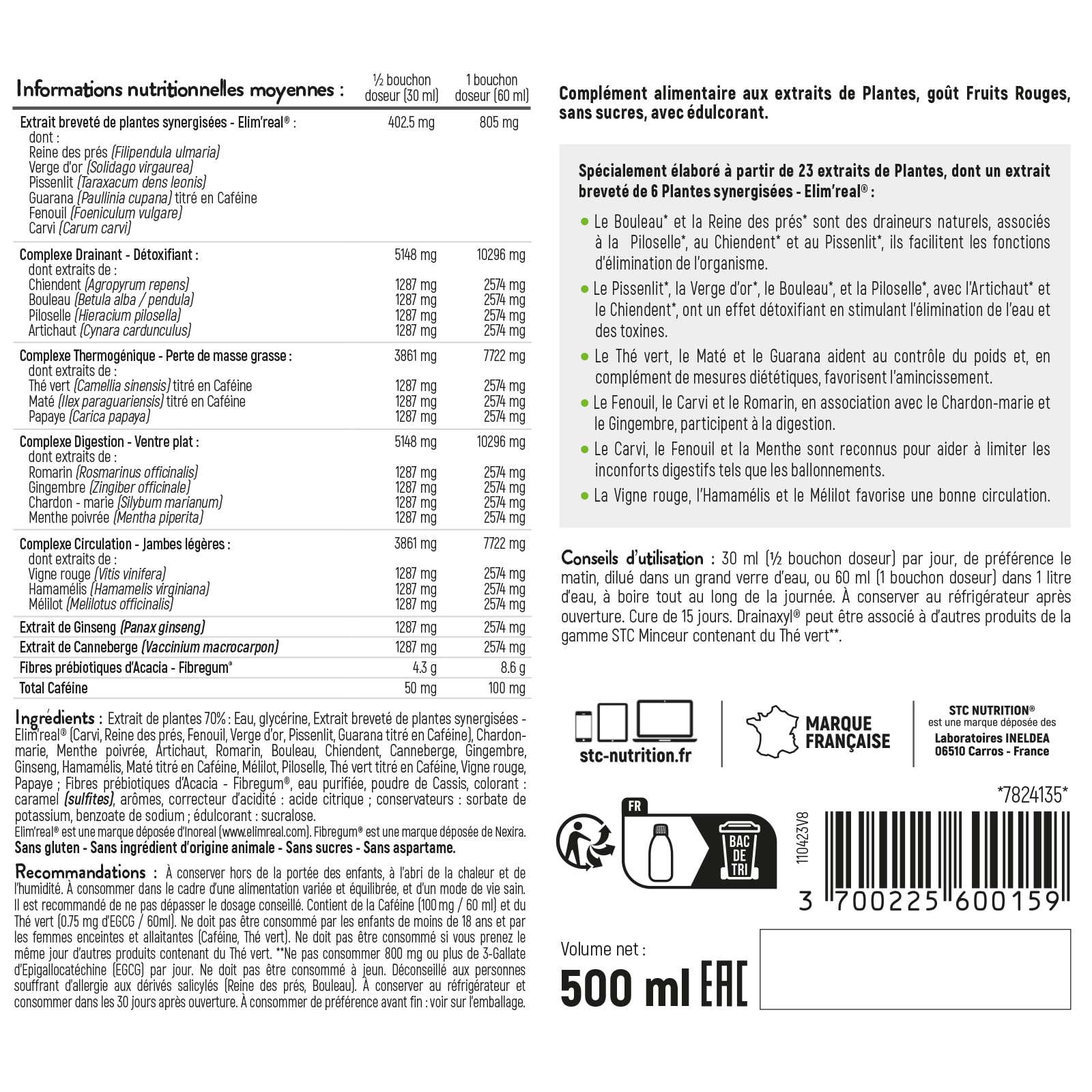 STC NUTRITION - Drainaxyl 500-4 actions : Brûle-graisses, Digestion ventre plat, Circulation jambes légères, Drainant, Détoxifiant - 23 Extraits de plantes dont Elim'Real® - Goût fruits rouges-500ml