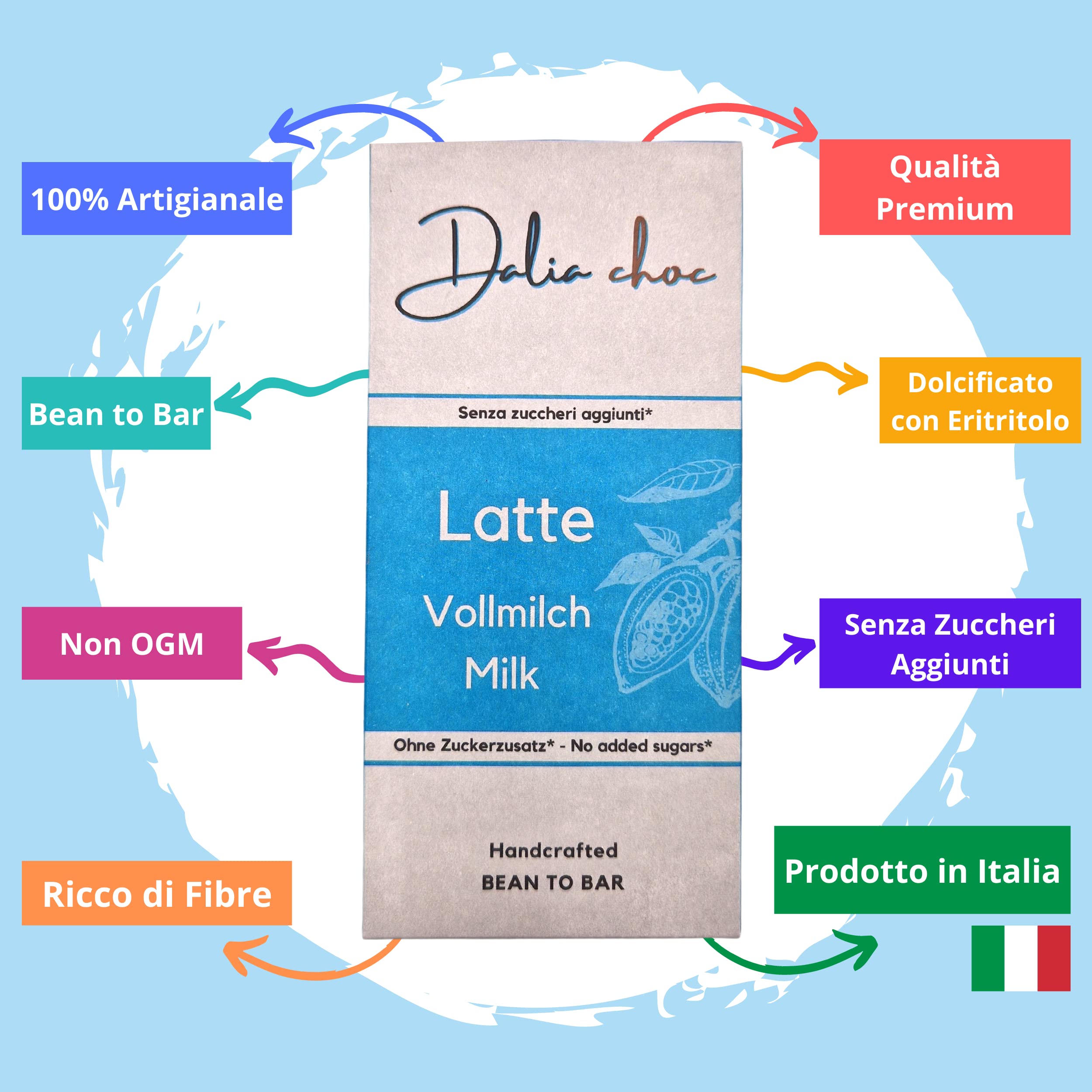Dalia Choc - Tavolette di cioccolato PREMIUM - 10 Pezzi | Senza Aggiunta di Zuccheri | Prodotto in ITALIA | BEAN TO BAR - LATTE