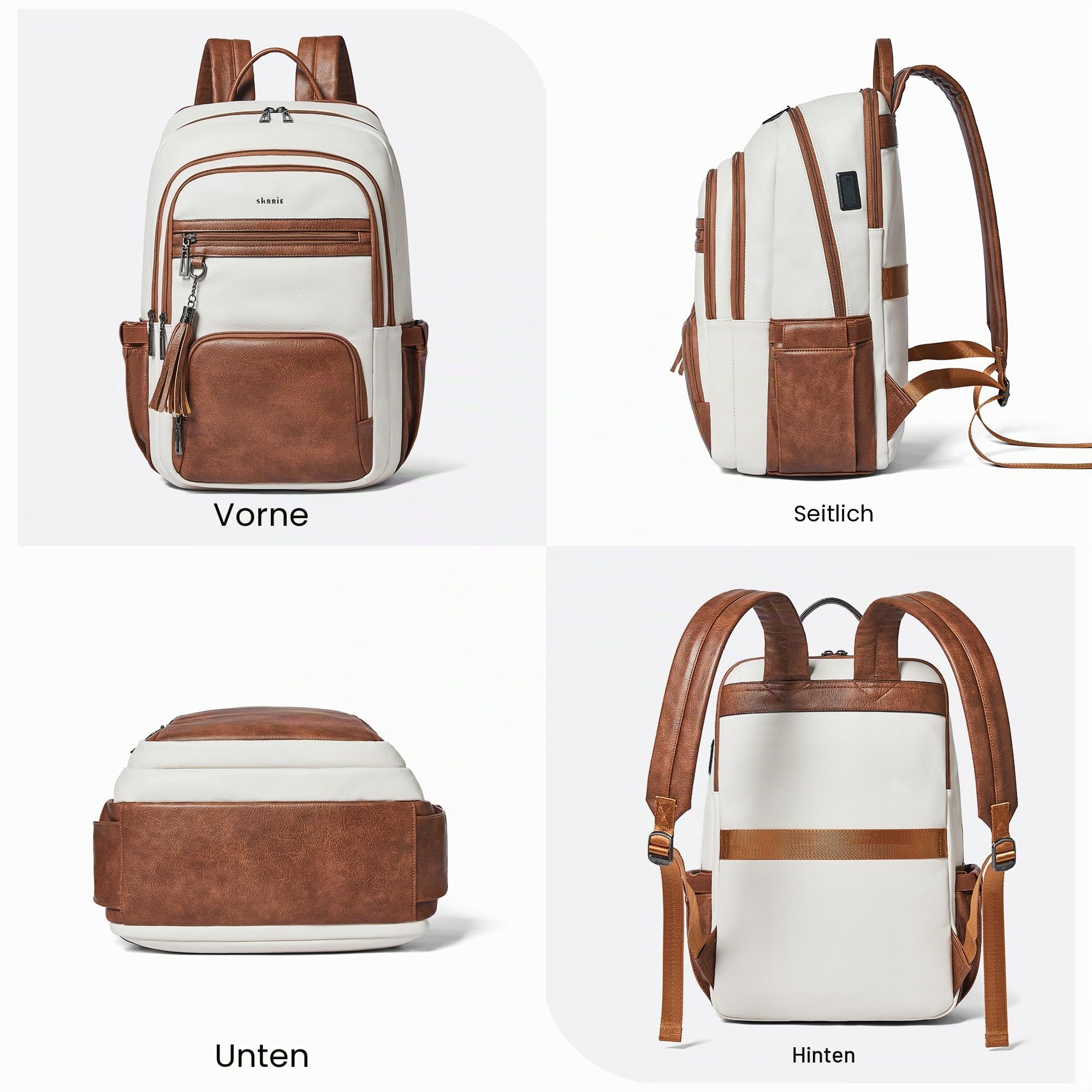 Shrrie 17 Zoll Laptop Rucksack für Frauen, Vegan Leder Rucksack Tasche, 28L Arbeit Business College Reise Computer Rucksäcke mit Tasche Tasche für große Kapazität Tasse & USB-Ladegerät