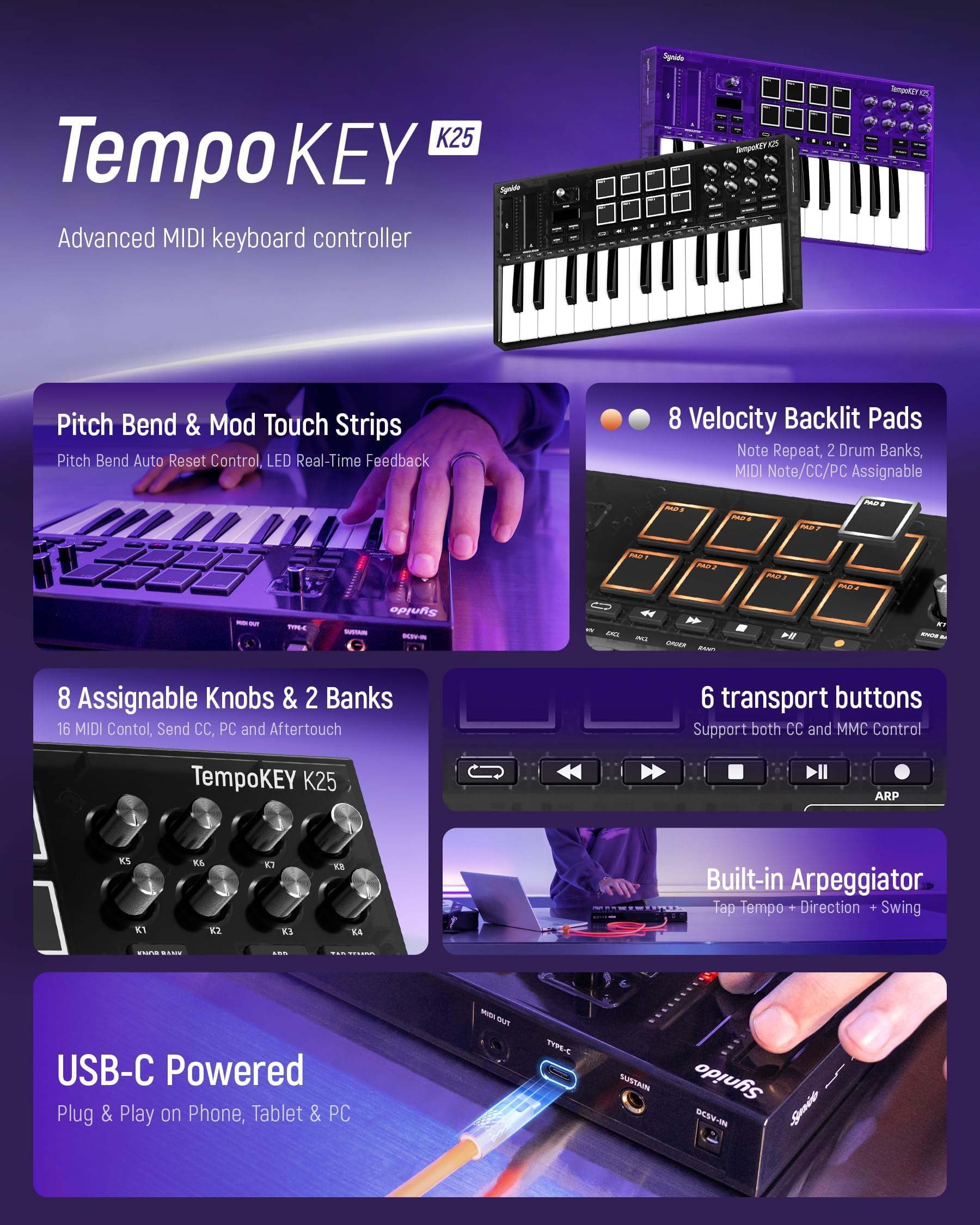 Synido Tempokey K25 Tastiera Controller Midi Usb-C 25 Tasti Più Larghi E Profondi Corsa Profonda E Dinamica Al Toque, 8 Pad Drum Rgb, Display Oled, Comandi Di Trasporto,Strip Tattile,Arpeggiator，Nero