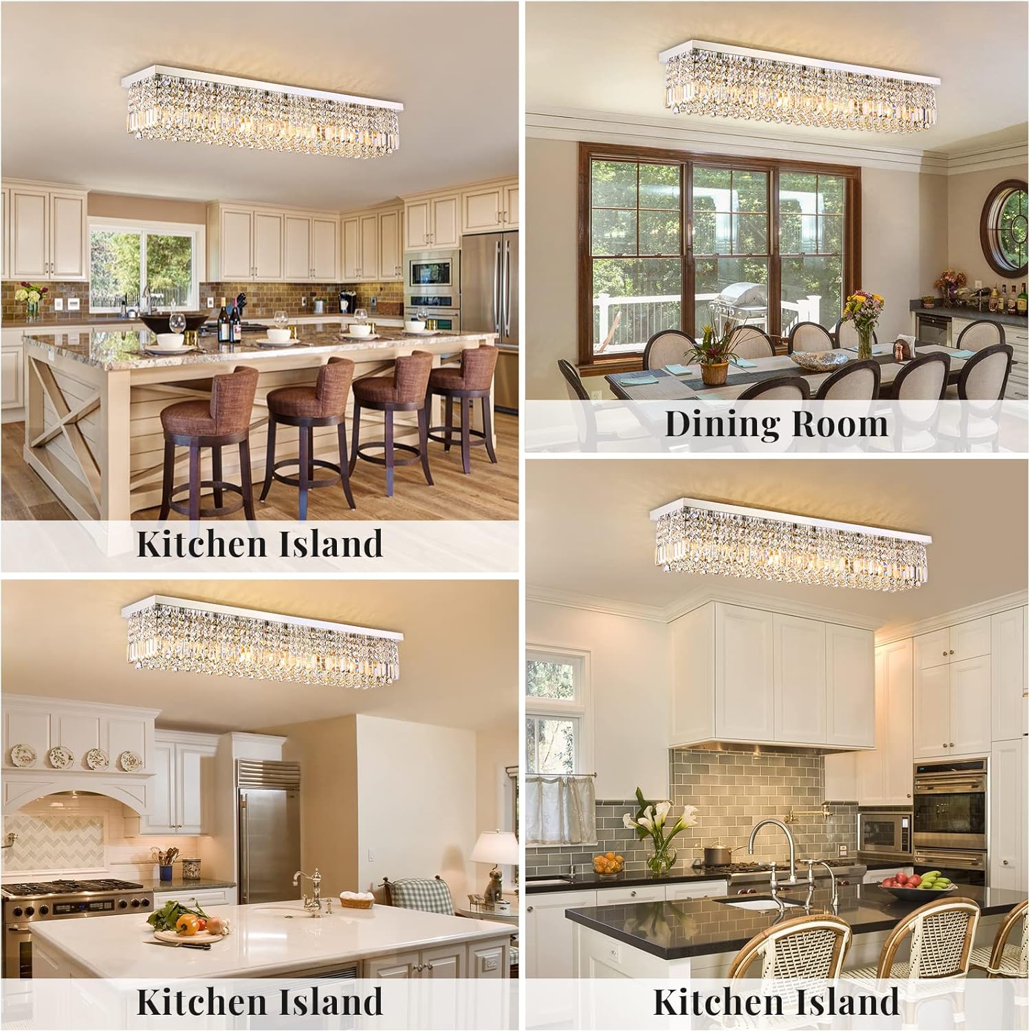 Siljoy Modern Crystal Chandelier 10-Lights Rectangular Flush Mount Pendant Ceiling Light Fixture Rectangle K9 Crystal Raindrop Chandelier for Dining Living Room Kitchen Island L47'' x W10'' x H10'