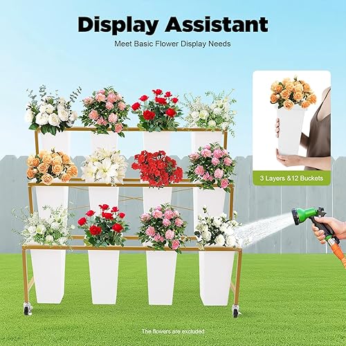 Miniatura 2 de Soporte de exhibición de flores con 12 cubos, soporte de exhibición de carrito de flores de 3 capas con ruedas, estante de carrito de plantas