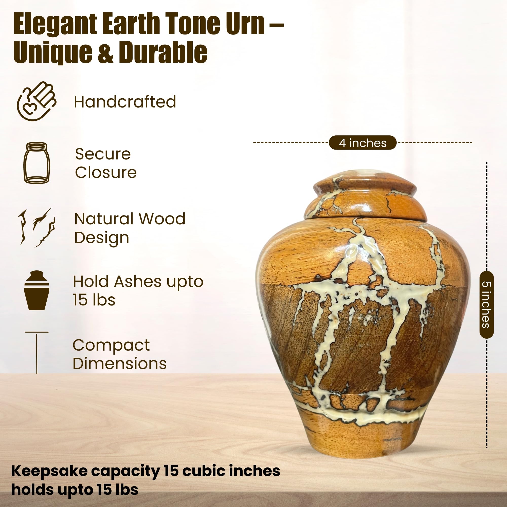 Urnas de madera para cenizas humanas adultas/machos – Urnas de madera para cenizas adultas hombre/hembra, urnas conmemorativas, capacidad de entierro: 15 pies cúbicos (pequeño: 4 x 4 x 5