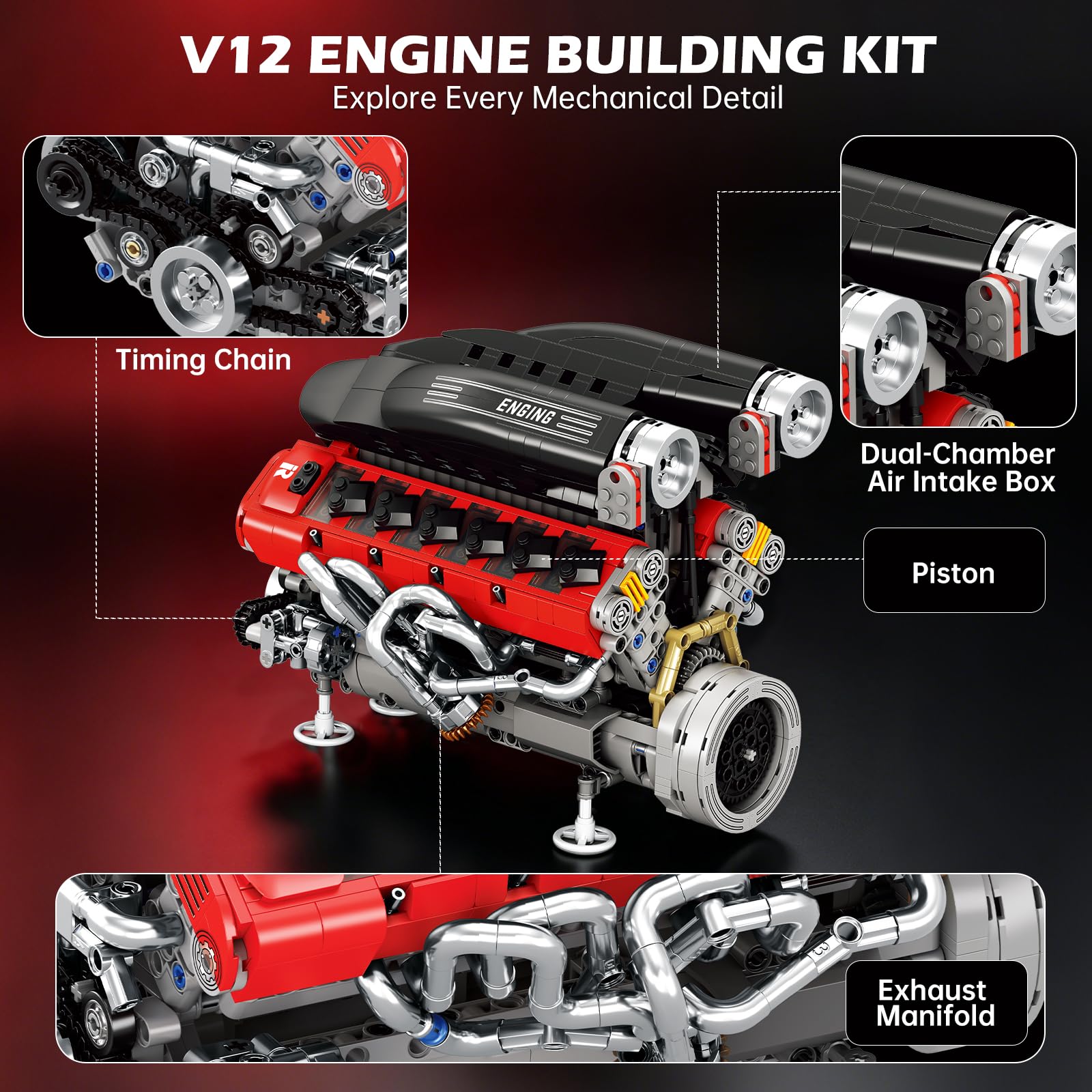 Reobrix Kit de Construction de Moteur V12, Modle de Moteur de Supercar | Modelo de Motor en V A 65°, Set de Construccin Mecnica 33016, Artculo de Coleccin Premium para Adultos, 1240 Piezas