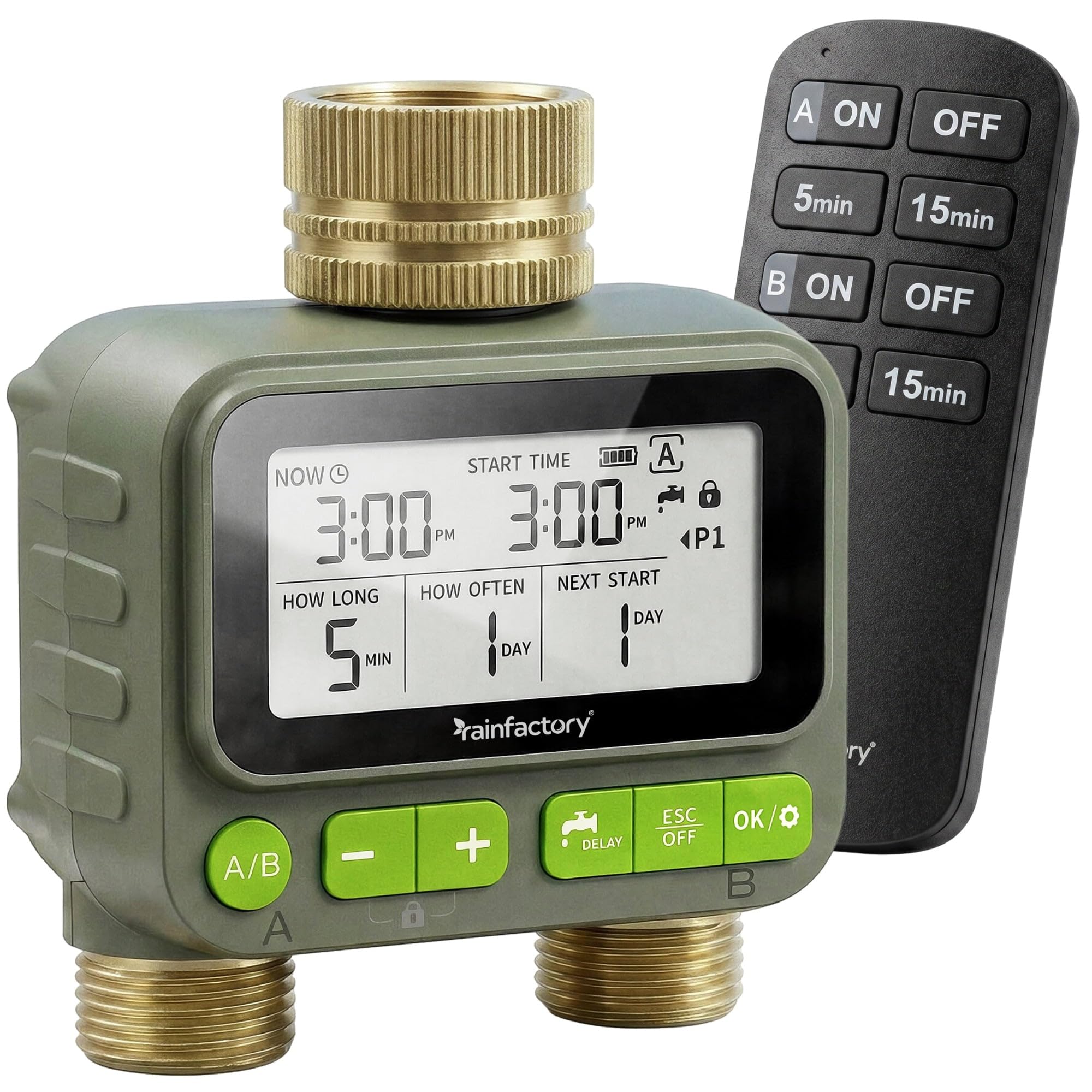 rainfactory - Automatyczny programator nawadniania, 2 wyjścia z pilotem zdalnego sterowania, regulator nawadniania baterii IP65, wyświetlacz LCD, 4 programy, ręczny, funkcja opóźnienia, podłączenie ¾