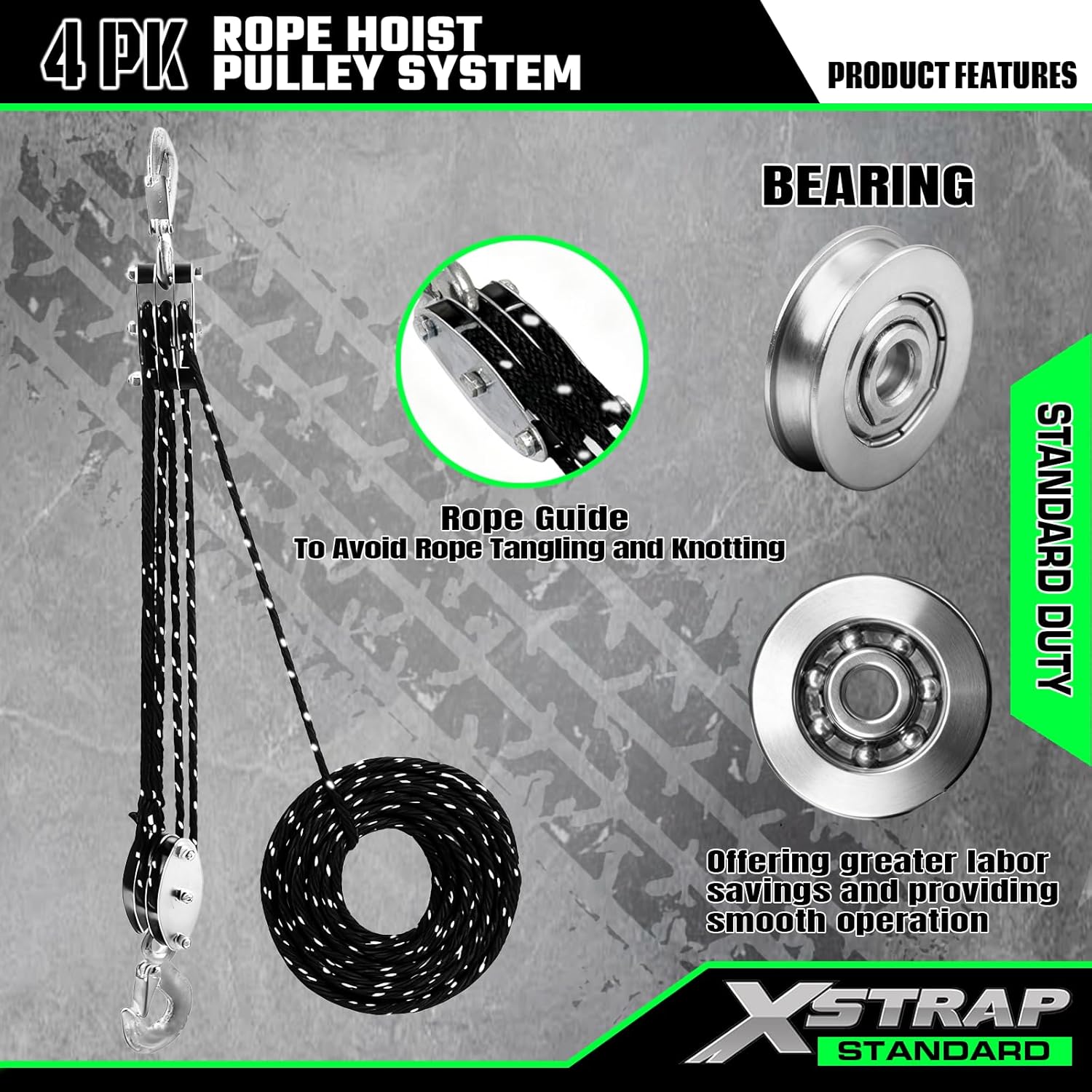 XSTRAP STANDARD Heavy-Duty 2,000 LB Breaking Strength 50 FT Reflective Rope Hoist, Metal Wheels Bearing 1000 LB Work Load Block and Tackle Pulley System for Lifting Heavy Objects, with 2pcs Soft Loops