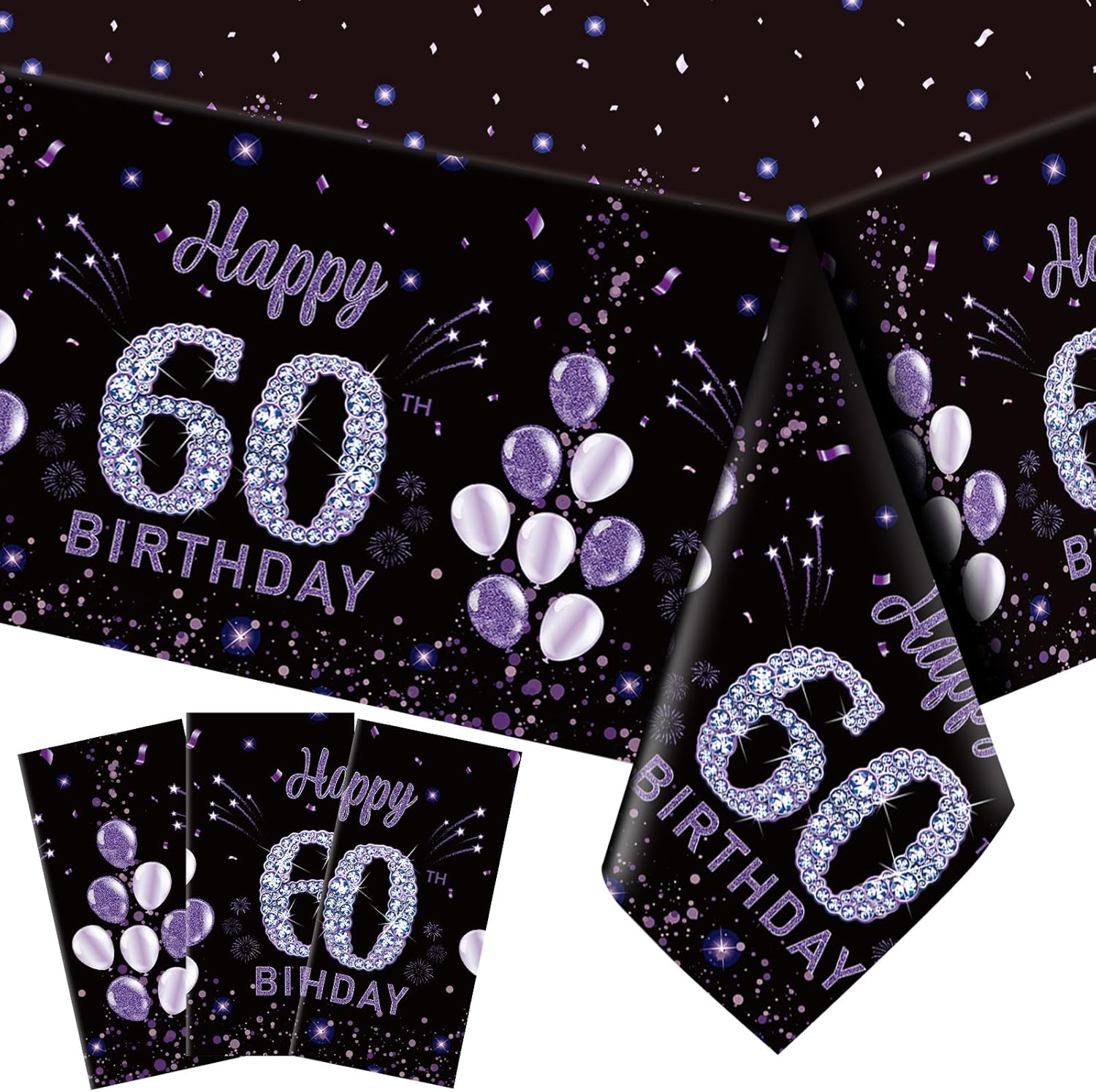 Ganeen 3 Pack 60th Birthday Tablecloth Purple Black Happy 60th Birthday Decorations Disposable Plastic Rectangular Table Cover for Party Supplies Women Men, 108 x 54 Inch