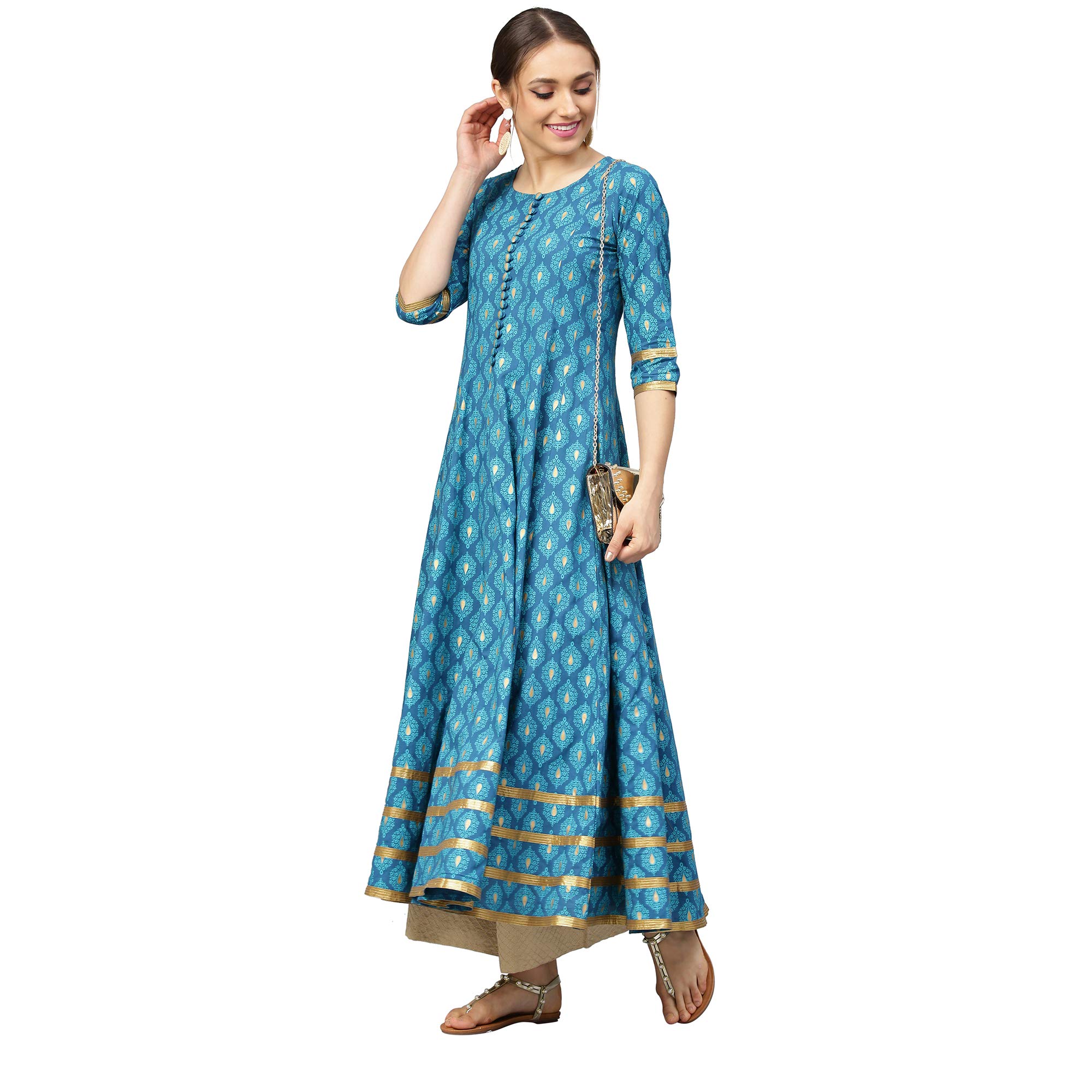 Idalia Turquoise Gold Print Anarkali Kurta