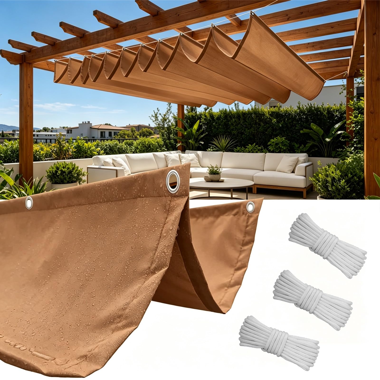 Toldo Retráctil de Onda 100 x 1250 cm con Ojales y Cuerda, Vela Sombra Impermeable y Rectangular con Bloqueo UV y Resistencia a Desgarros para Jardín Porche Patio Barbacoa, Marrón