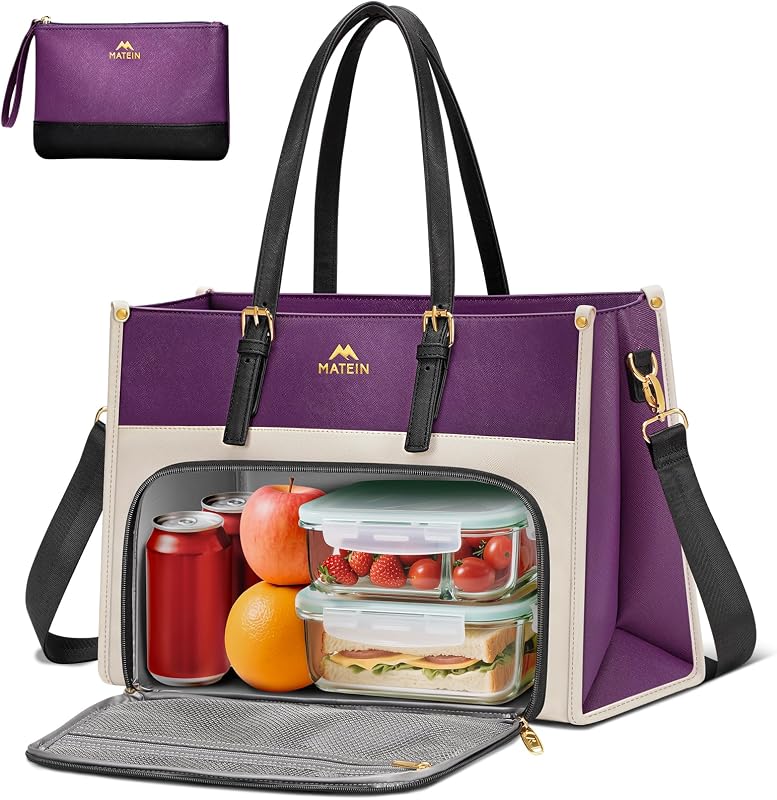 Lunch Tote Bag, 15.6Inch Laptop Briefcase with Insulated Compartment | PU Leather Professional Computer Work Handbag with Purse, Large Capacity Office Tote for Nurse Teacher, Women Gifts, 2 Sets