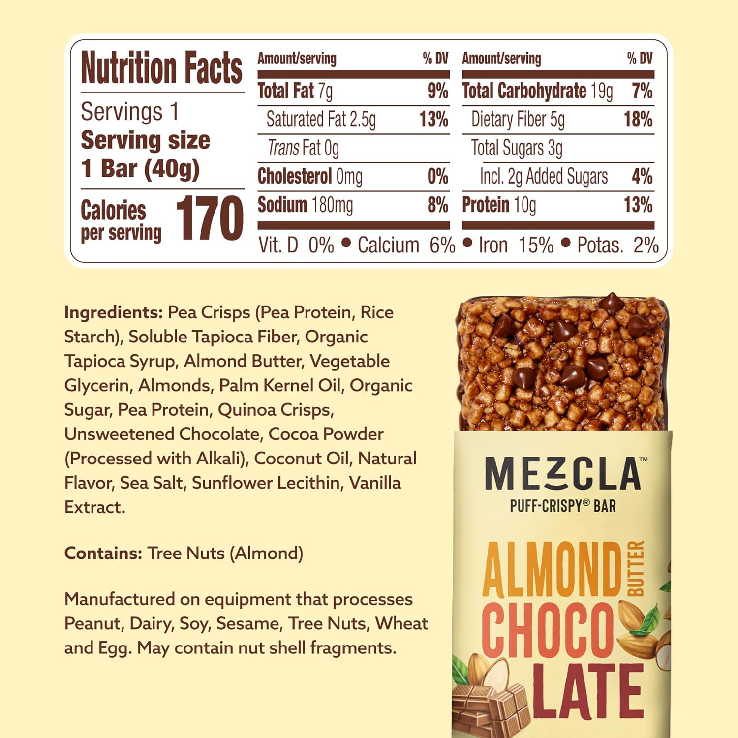 Mezcla Puff-Crispy Plant Based Protein Bars - Almond Butter Chocolate - Healthy Snacks for Adults & Kids - Perfect School, Travel, & Office Snacks - Gluten Free, Vegan, Non GMO, 10g Protein - 12 Count