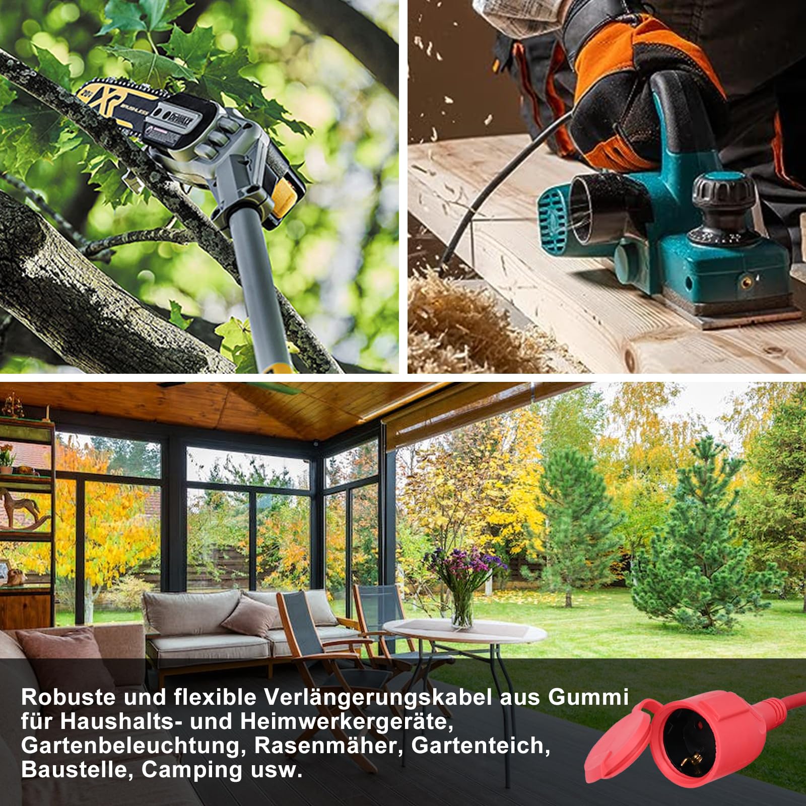 Cable alargador exterior 20 m para exteriores, de goma, con enchufe Schuko, IP44, cable de extensión 3 G1,5 mm², cable eléctrico exterior, con tapa protectora, 3500 W, rojo