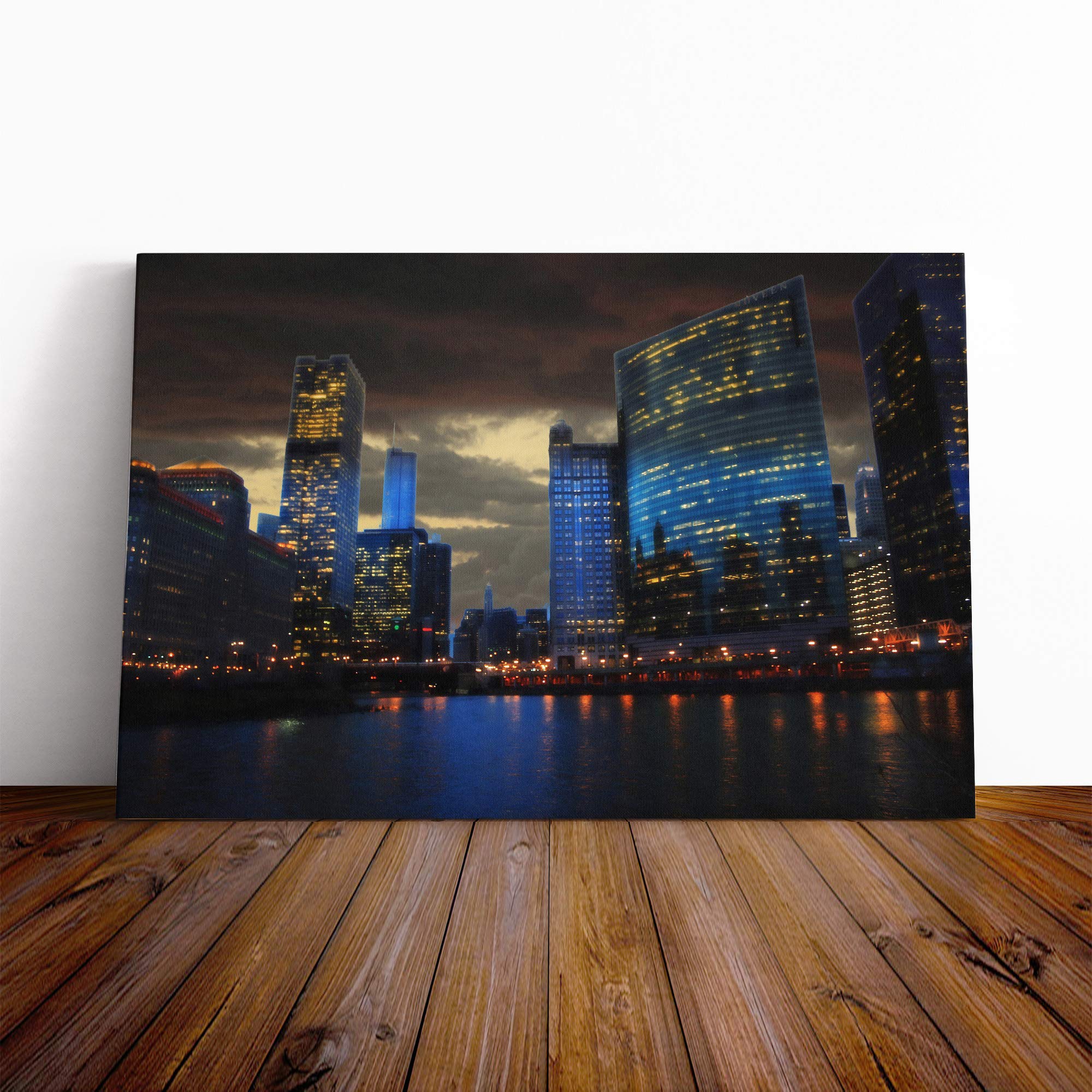 Downtown Chicago Skyline Canvas Print | Gallery Wrapped 30mm Frame Wall Art | 24x16 inches | Ready to Hang | Modern Cityscape Picture | Living Room Bedroom Lounge Office