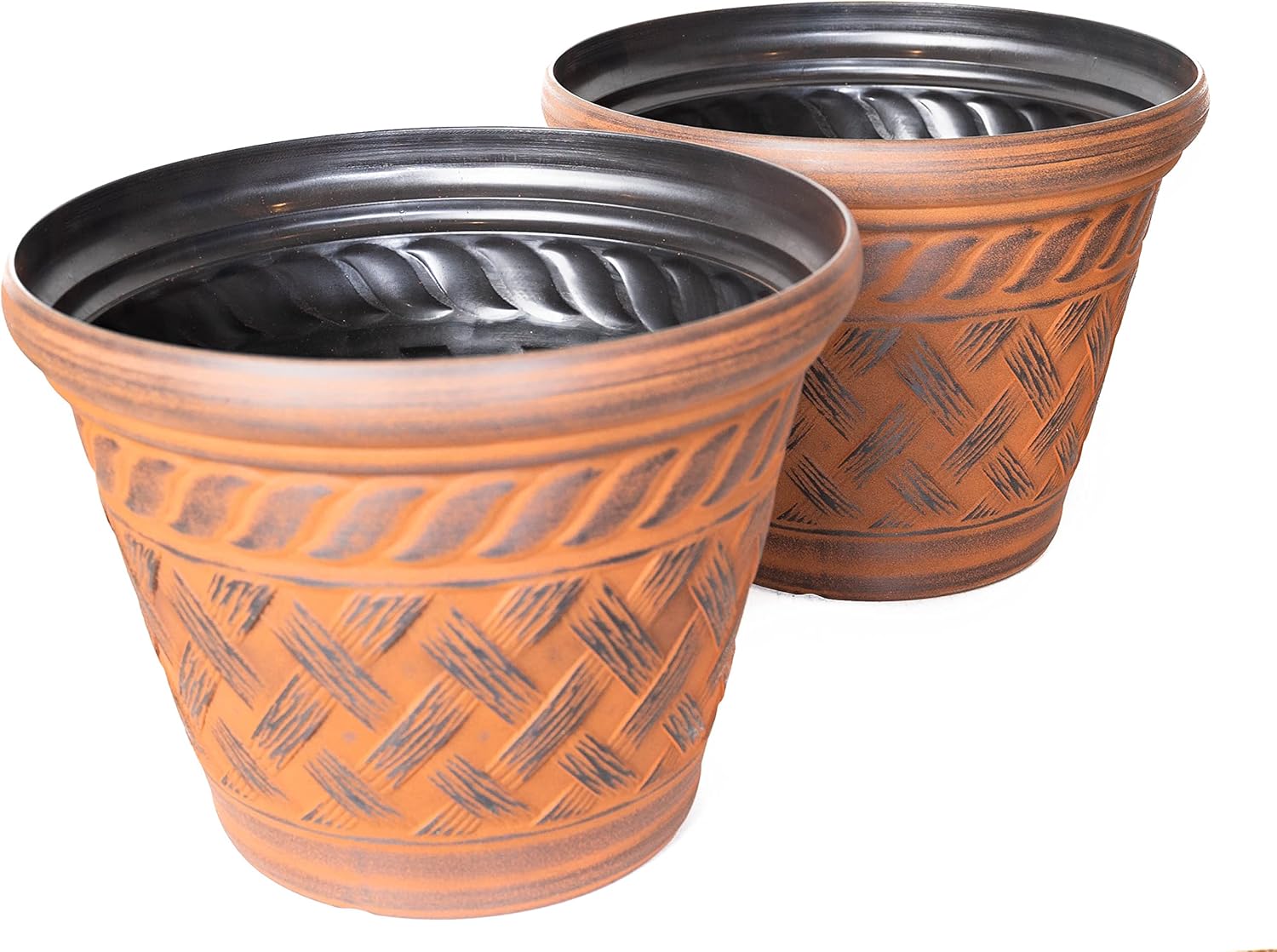 Basket Weave Pattern 2 Pack Decorative Rustic French Country Look Plastic Planter for Indoor, Outdoor, Nursery, Garden, Patio, Office, Home Décor Use. Long Lasting, Reusable Lightweight (Rust)