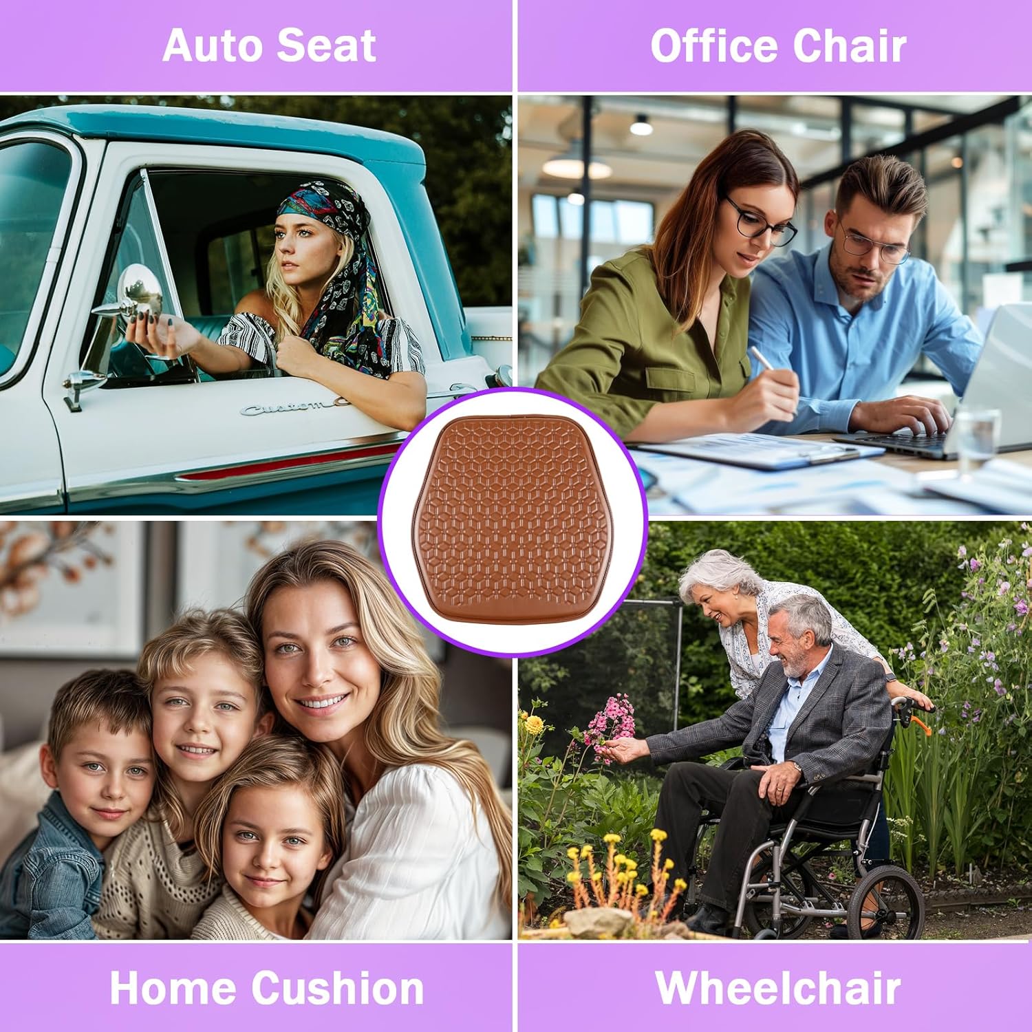 Thin Gel Seat Cushion for Car Seat, Office Chair, Wheelchair, Golf Cart - Non-Slip Car Seat Cushions with 0.7 Inch Gel - Sciatica & Coccyx Pain Relief (Leather, Brown)
