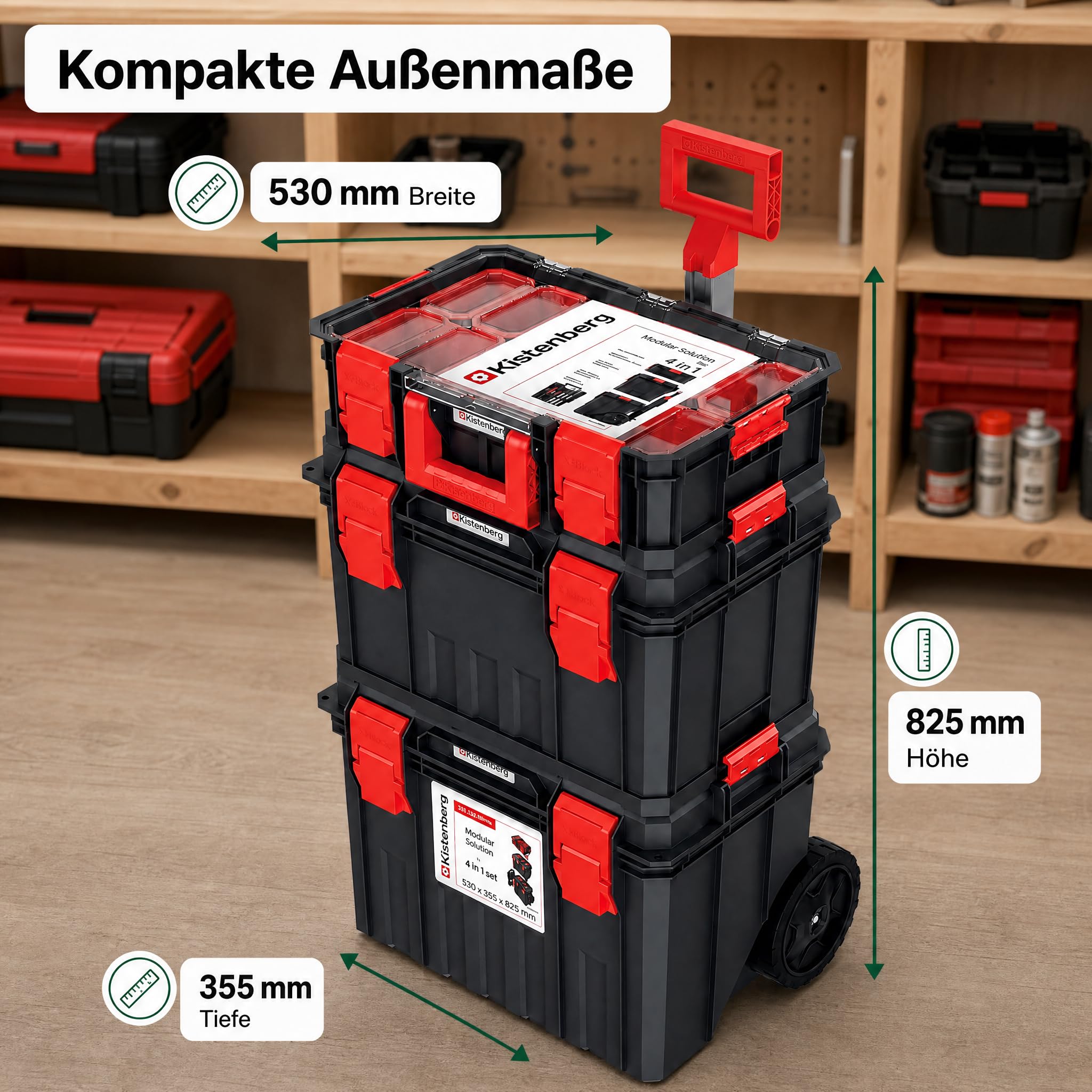 Carrello degli attrezzi, 530 x 355 x 825 mm, cassetta degli attrezzi con ruote | Officina con ruote, con organizer, scatola assortita e chiusure a clip X-Block, mobile, impilabile, modularmente espandibile