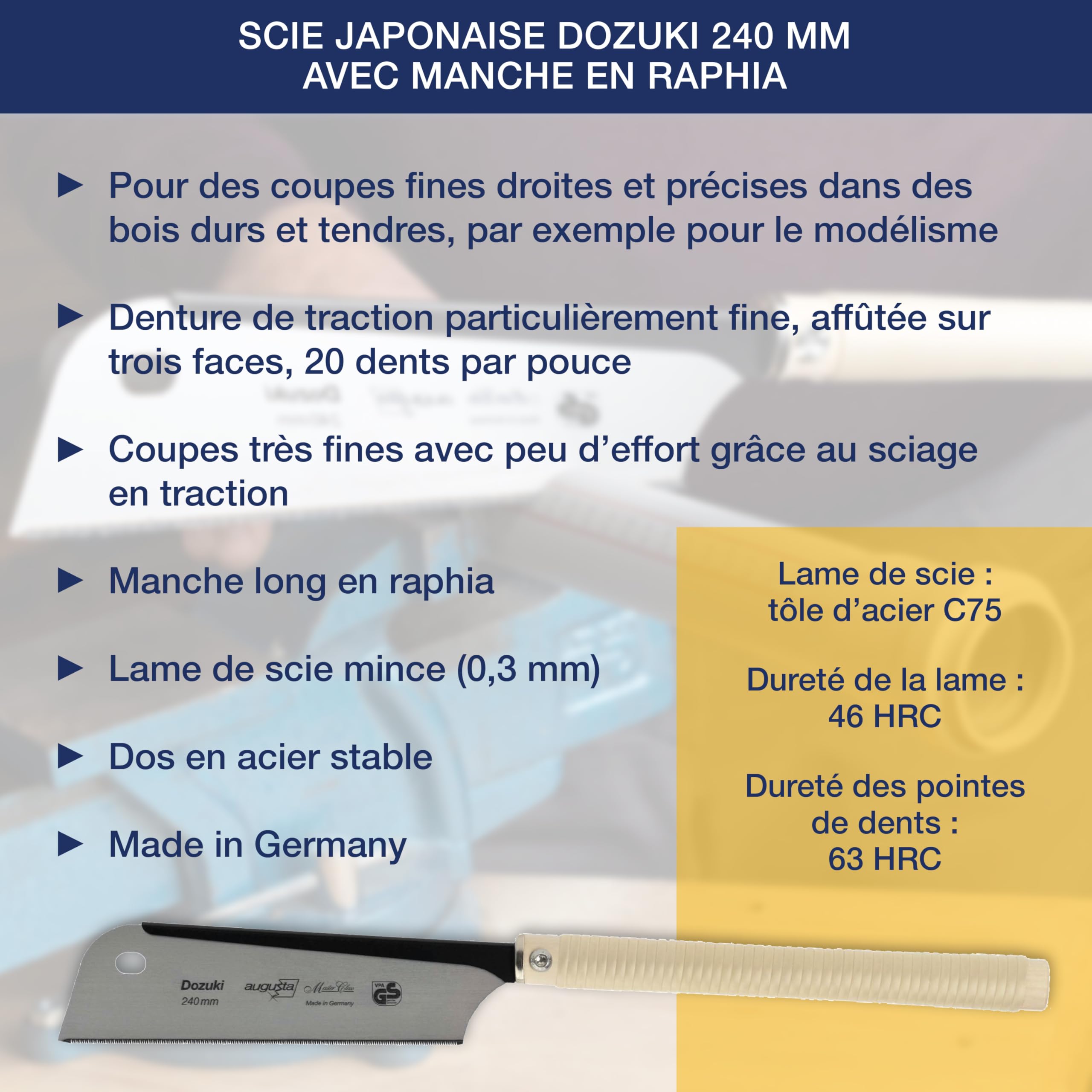 Augusta-Heckenrose scie japonaise Dozuki 240 mm I Scie à bois en feuillard d'acier poli C75 pour coupes fines I Scie traditionnelle avec dos en acier stable & poignée en raphia