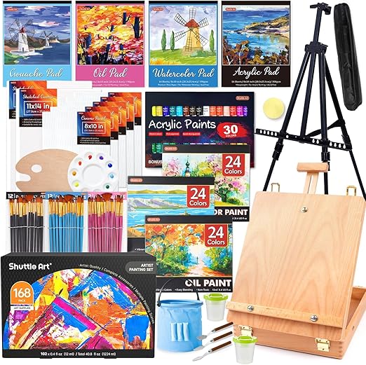 Shuttle Art 168 Pcs Artist Painting Set, Deluxe Art Set with Paint, Aluminum and Wooden Easels, Canvas, Paper Pads, Brushes and Other Art Supplies, Complete Painting Kit for Adults, Kids and Artists