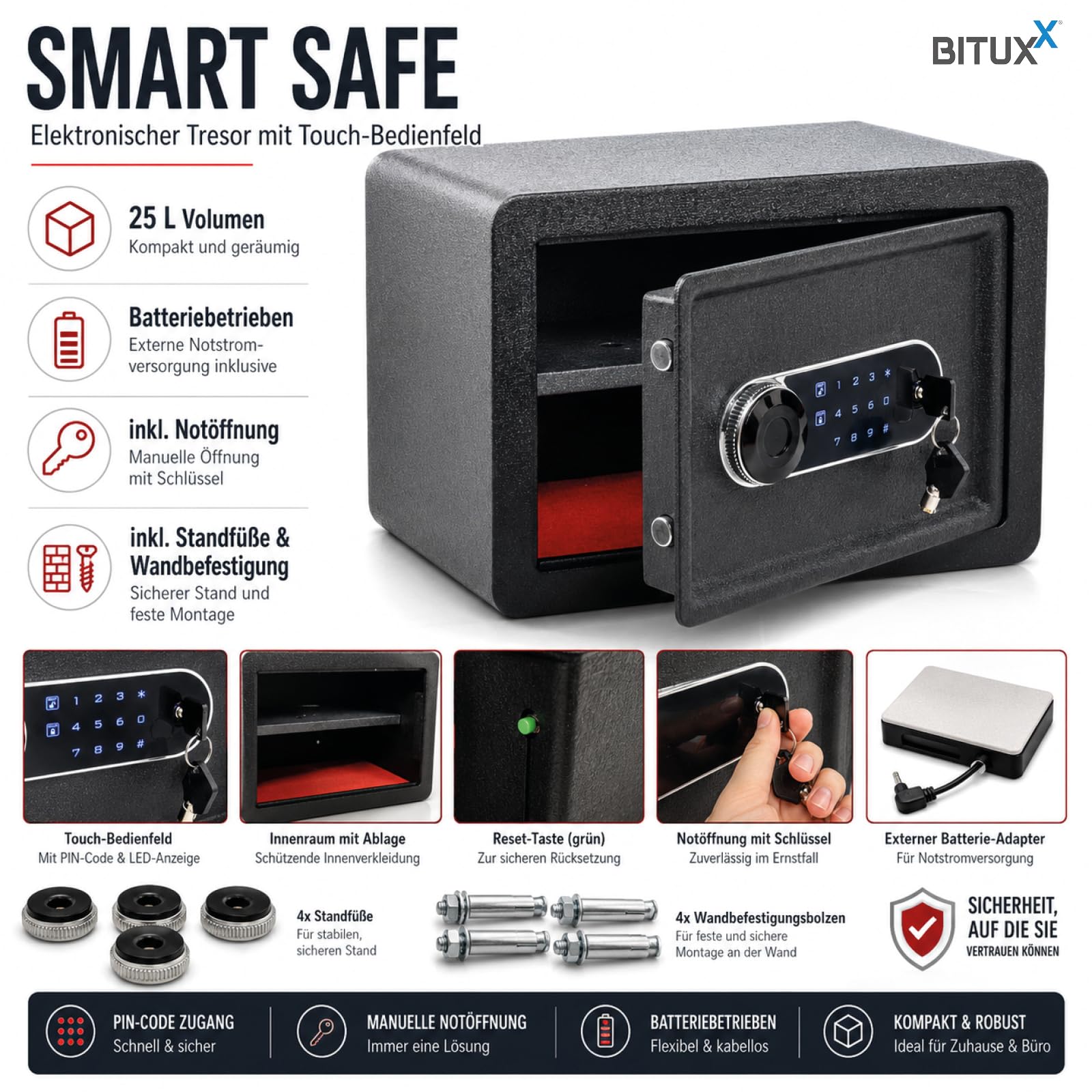 Bituxx Elektronischer Smart Tresor Safe Möbeltresor Wandtresor mini klein 25L mit Touch-Bedienfeld, PIN-Code & Schlüssel