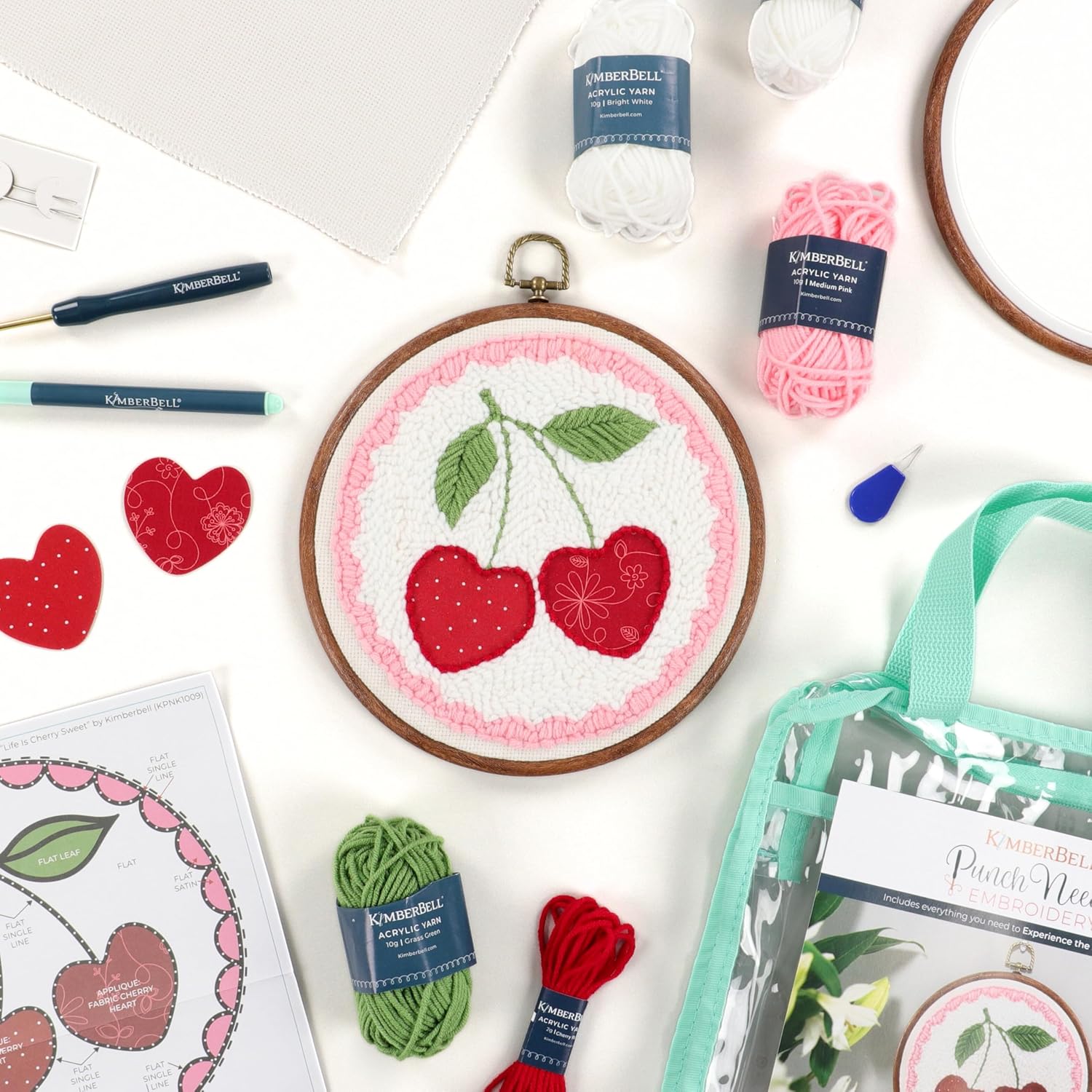 Kimberbell Punch Needle Kit – Life is Cherry Sweet - DIY Punch Needle Set for Beginners with Tool, Monks Cloth, Yarn, Frame, Fabric & Reusable Project Bag | Embroidery Craft Set
