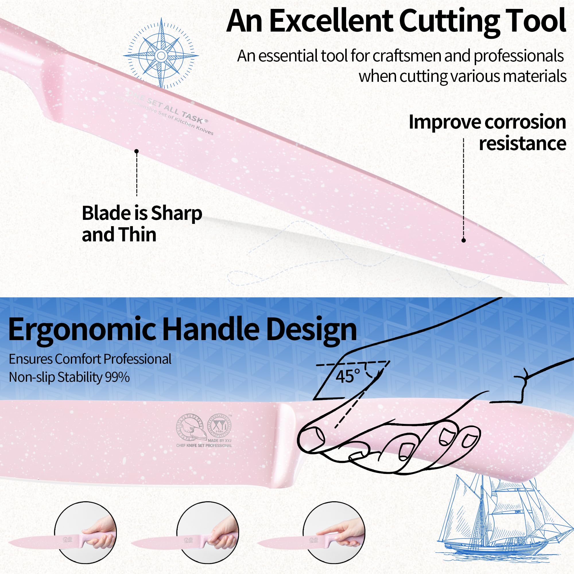 XYJ - Set di coltelli da cucina con portacoltelli, set di coltelli da cucina giapponesi professionali, in acciaio inox, coltello per bistecca, pane, Santoku