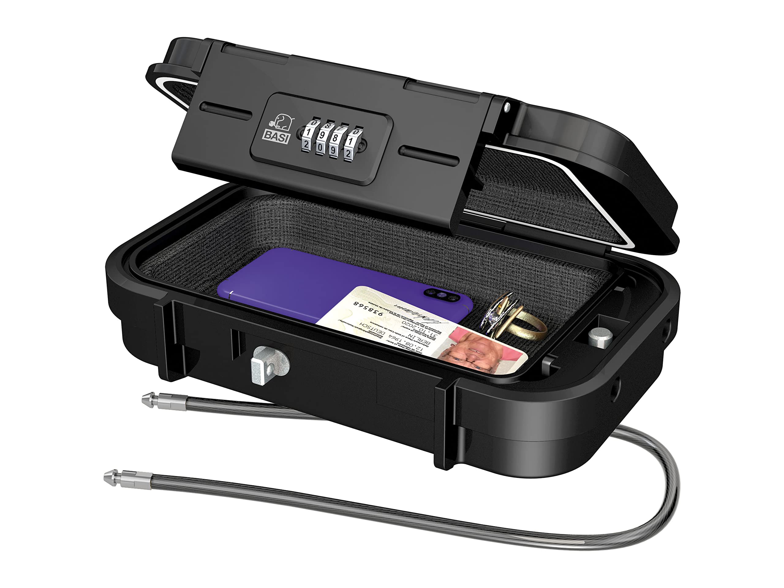 BASI cassaforte portatile con serratura a combinazione 4 cifre, cavo di sicurezza rimovibile, mini cassaforte con fune metallica, L24 x 14 x A 5,8 cm, protezione acqua IPX5