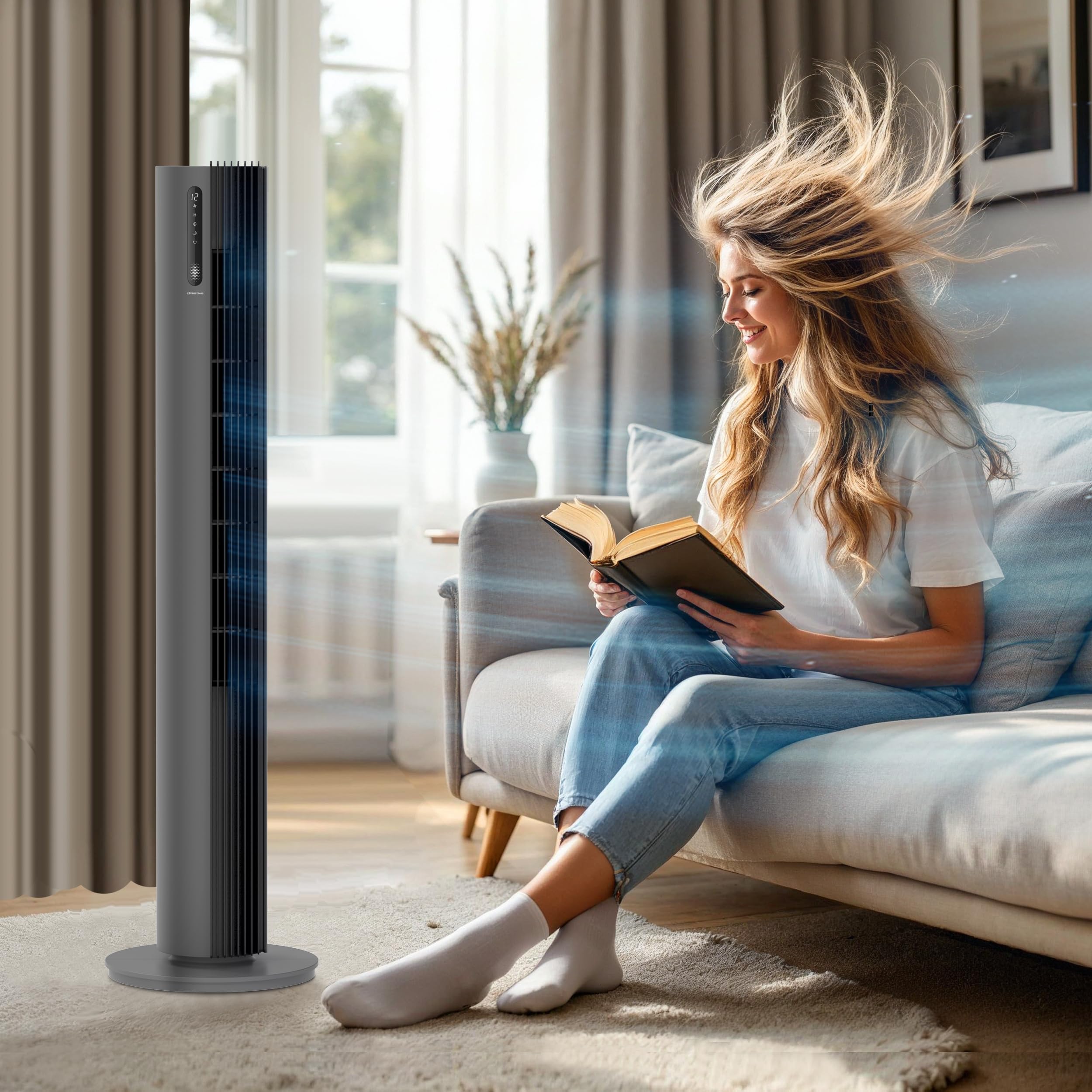 Turmventilator 110 cm PURE Plasma Ionisierung WiFi Tuya Smart Life, Energiesparender 30W DC-Motor, 12 Stufen, Timer, Standventilator sehr leise Ventilator mit Fernbedienung, Tower Fan Grau