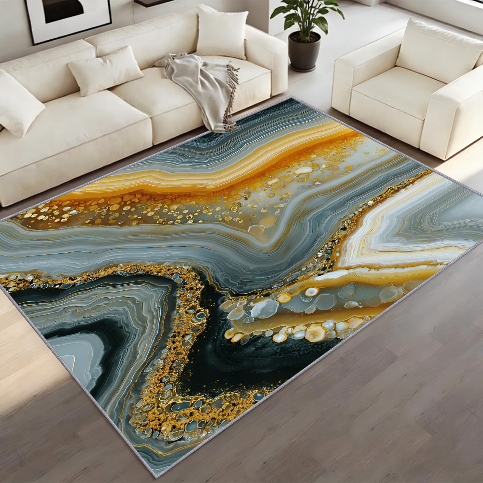 CAQDUEP Marble Area Rugs 180x240cm Modern Abstract Rug, Living Room Luxury Marble Rug Low Pile Washable Area Rugs For Bedroom Non-Slip Floor Mat For Office Kitchen