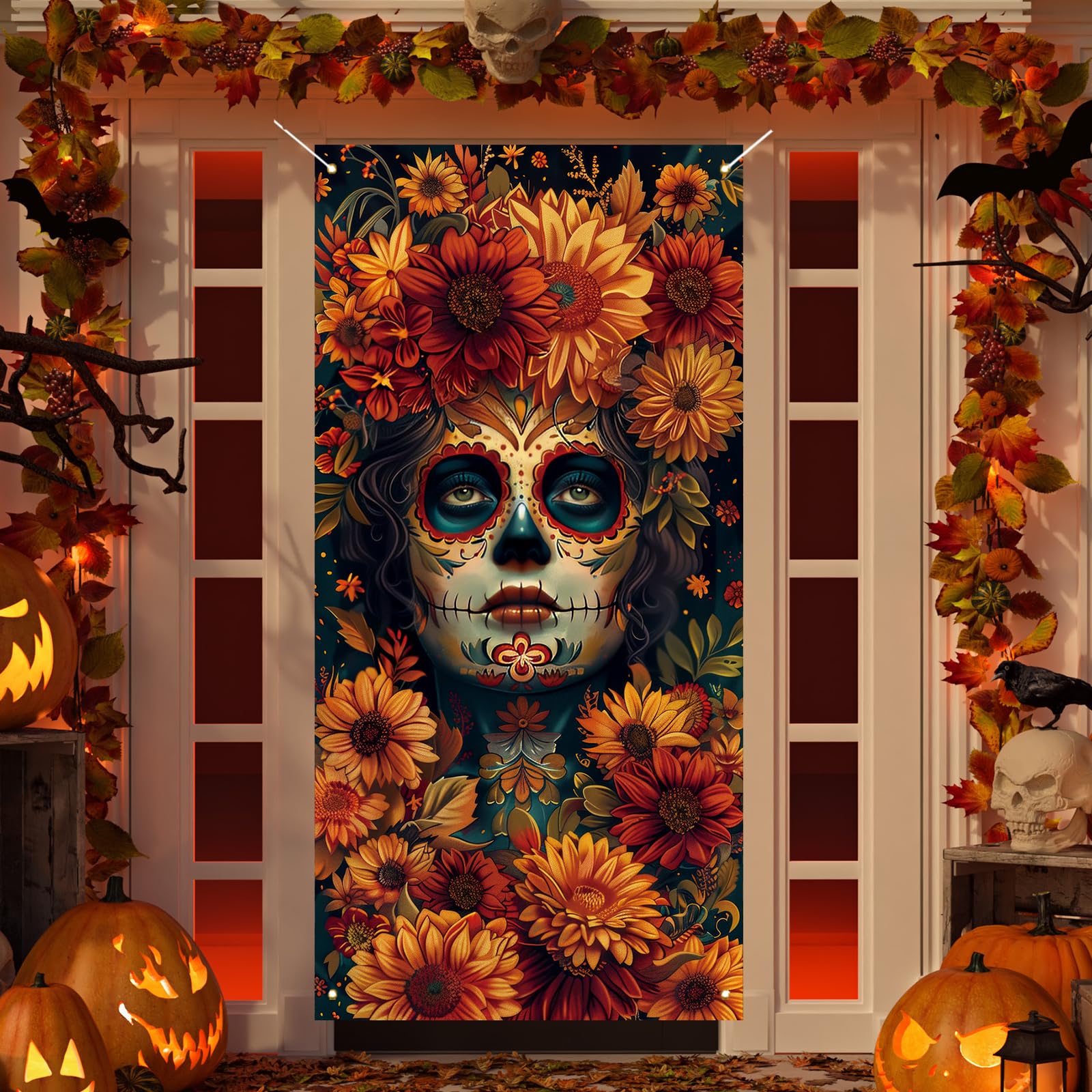 Dia De Los Muertos Door Cover Day of The Dead Porch Sign Banner Gothic Halloween Sugar Skull Marigold Flowers Decorations and Supplies for Home