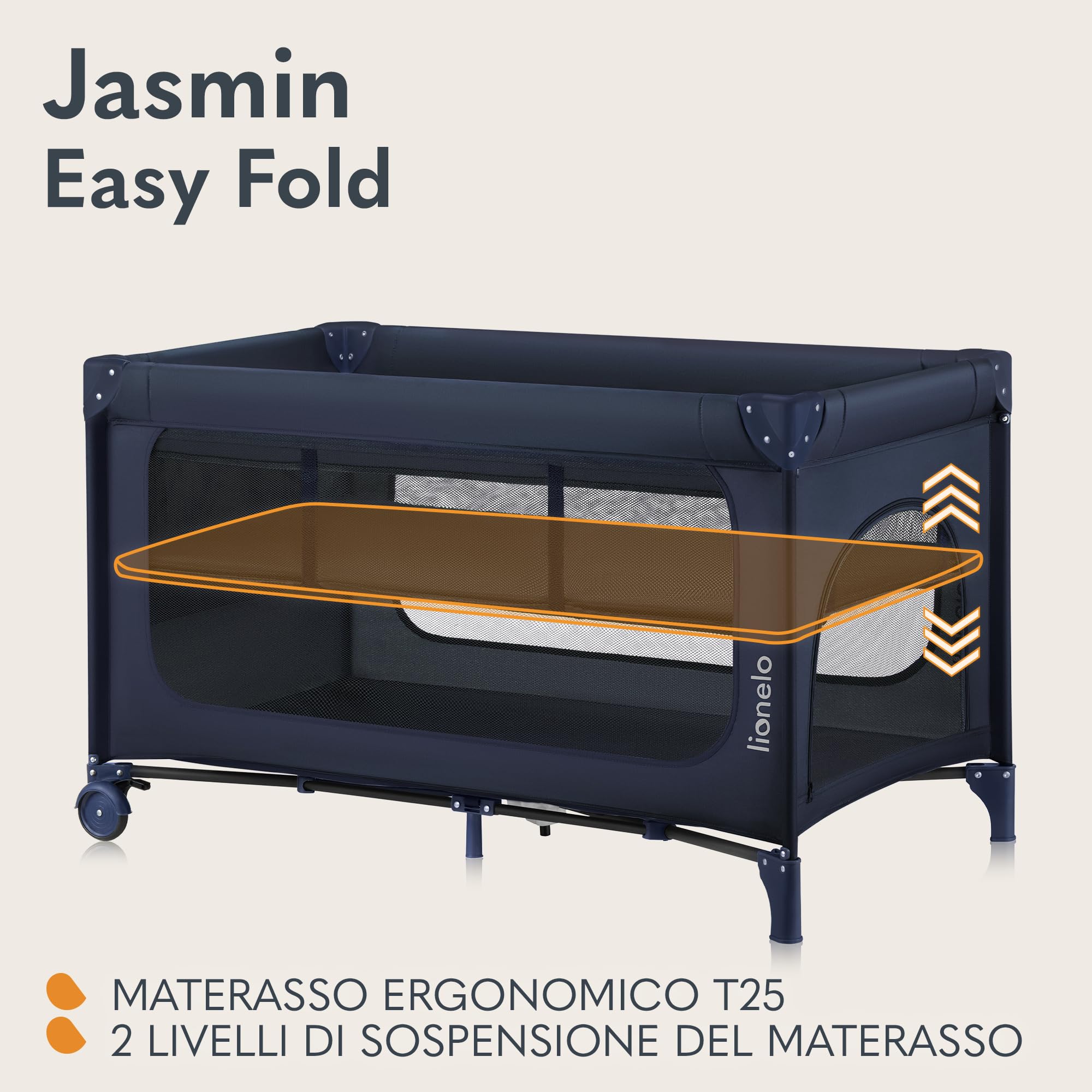 lionelo JASMIN Premium Lettino da Viaggio per Bambini 0-36 Mesi Culla Pieghevole per Neonati Fino 15kg con Materasso Innovativo in Schiuma T25, 2 Livelli di Altezza, Sistema Easy Fold e Ruote
