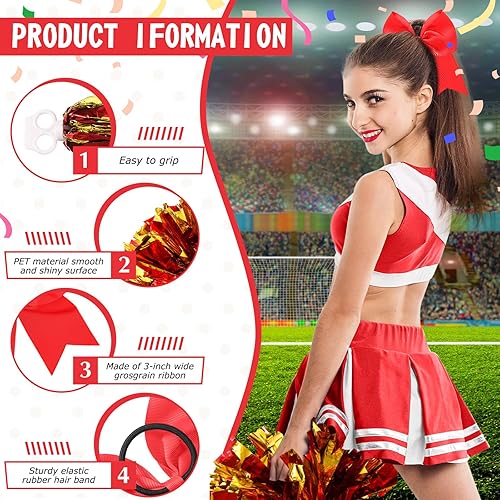 Miniatura 215 de Hanaive 3 pompones de animadora y lazo grande para animadora para el pelo, suministros metálicos para animadora de espíritu de equipo, deportes