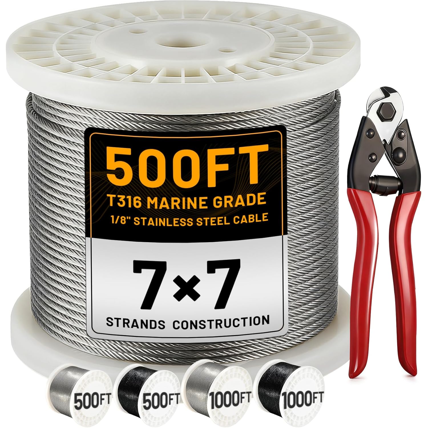 (Similar to stock photo) AHEONLAR 500FT 1/8\" Stainless Steel Cable with a Cutter, T316 Wire Rope Cable for Deck Cable Railing Kit, 1850 lb Breaking Strength, 7x7 Strands Aircraft for Stair Fence Deck Railing, Silver 500FT Silver 1