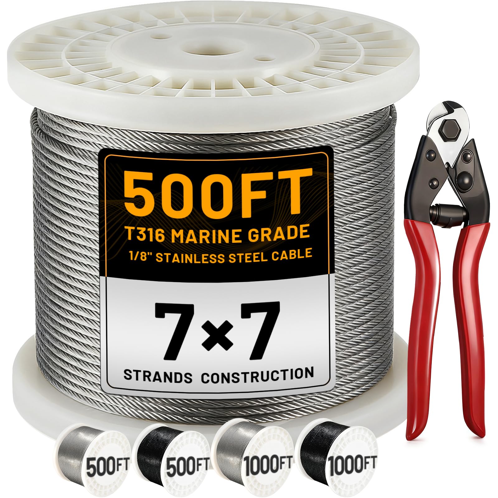 AHEONLAR 500FT 1/8" T316 Stainless Steel Cable for Railing,7x7 Wire Rope with Cutter,1850 lb Breaking Strength,Deck Stair Fence Hardware Kit for Indoor Outdoor Use,Silver