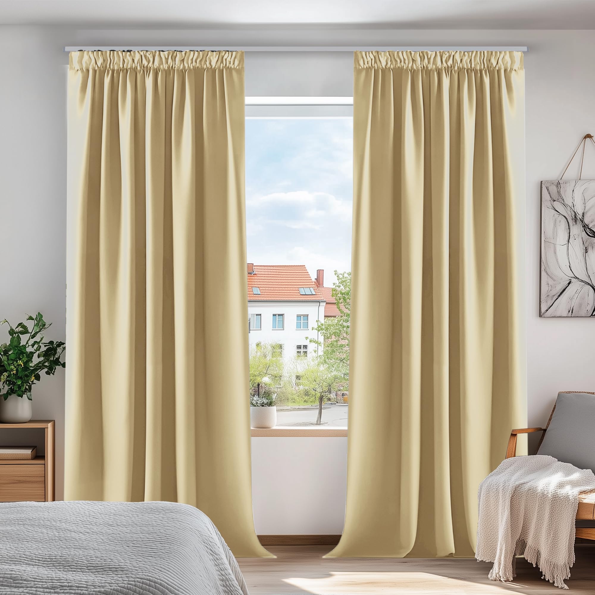 Deconovo Pencil Pleated Blackout Curtains for Winter, Thermal Insulated Beige Curtains, Room Darkening Drapes for Living Room, 46 x 72 Inch, Biscotti Beige, 2 Panels โ image 1