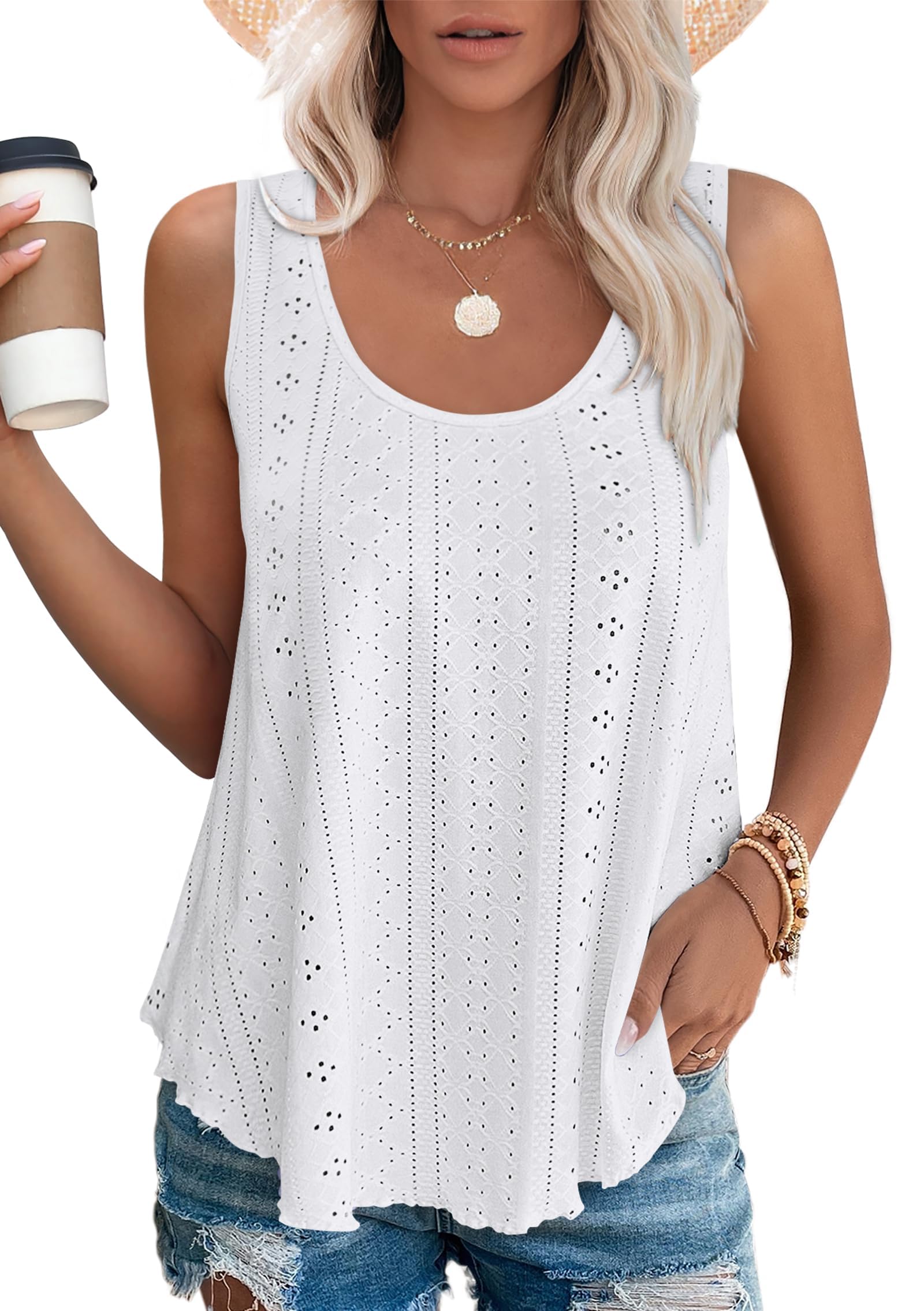 DUOEASE Sommer Top Weiß Damen Tank Top Rundhals Ärmellose Oberteile Sommermode Locker Tunika Mittel XXL