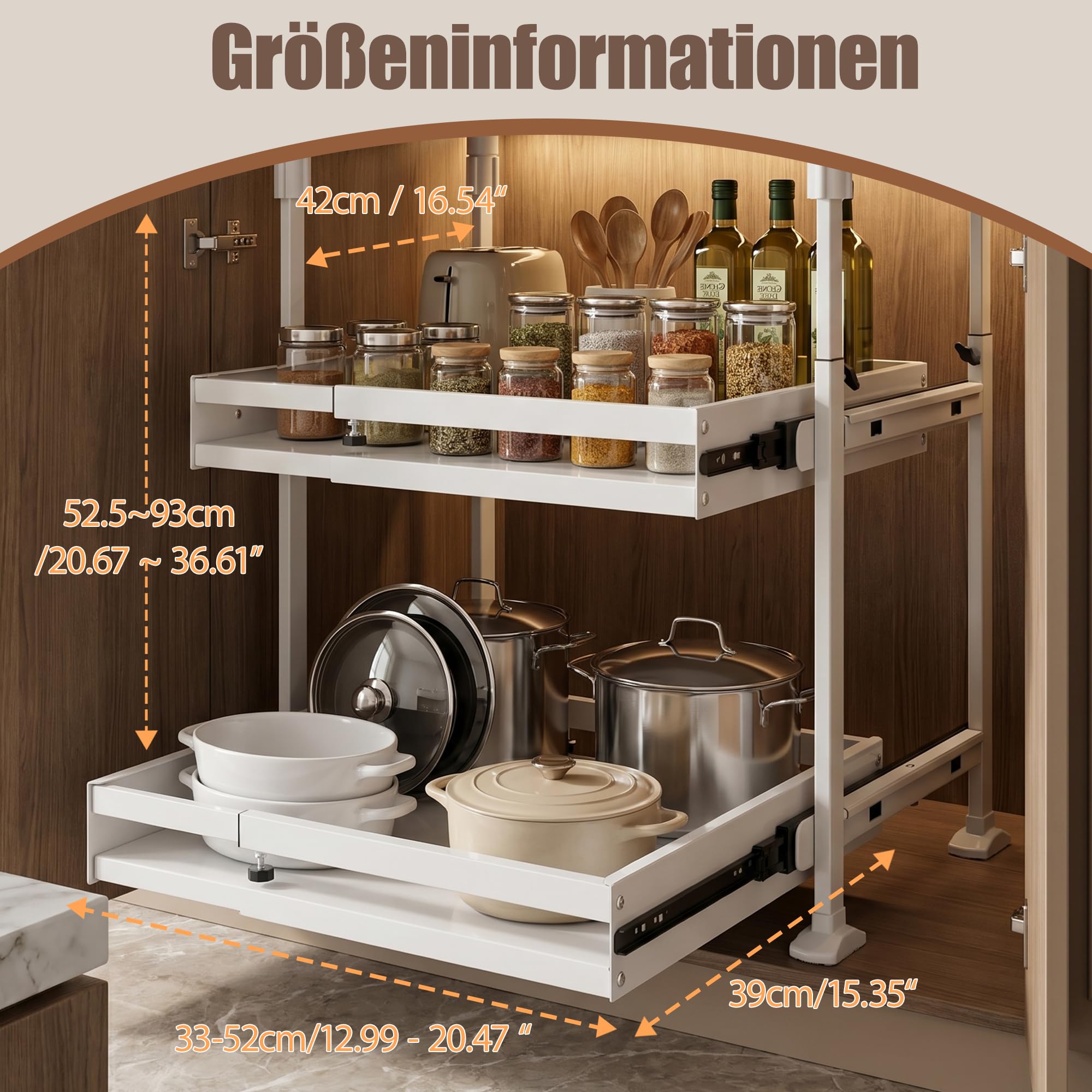 AQRA 2 Stück Teleskopschublade Küche ohne Bohren und Kleben, Auszug Küchenschrank, Höhenverstellbar 52.5–93 cm und Breitenverstellbar 33–52 cm, Metall Ausziehbare Schrankkorb für Küche, Bad, Weiß