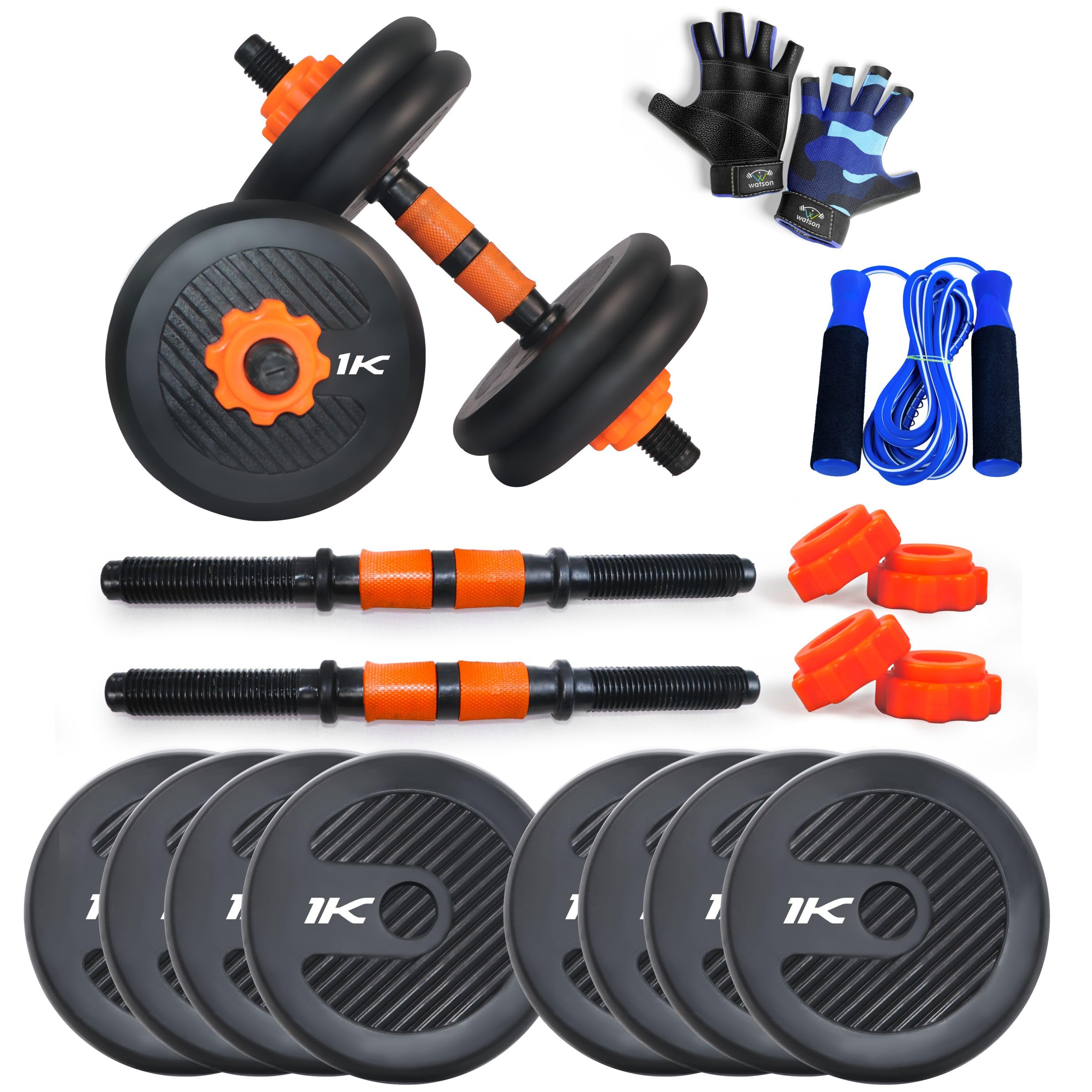 WATSON Premium Rubber Dumbbell Set For Men, Women Fitness, Dumbbell Set With 8Kg (1Kgx8) Rubber Weight Plates, Hard PVC 14" Dumbbell Rods, Skipping Rope, Gym Gloves