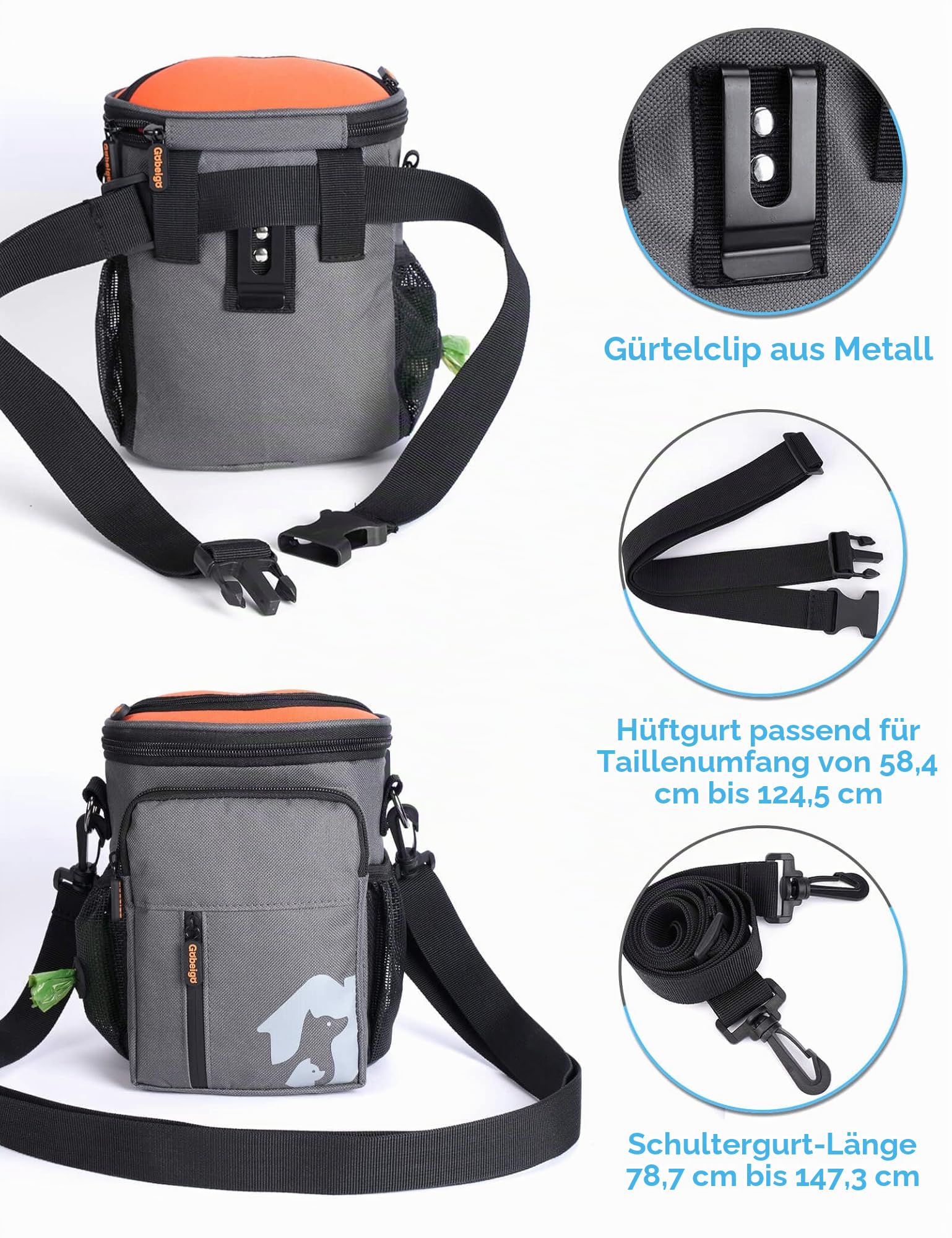 Gobeigo Leckerli-Tasche für 8 Tassen und Trainings-Clicker, Hundetasche mit Handyhalter, integriertem Kotbeutelspender, 3-Wege-Tragbare Haustier-Fanny-Tasche für Outdoor-Reisen (Grau und Schwarz